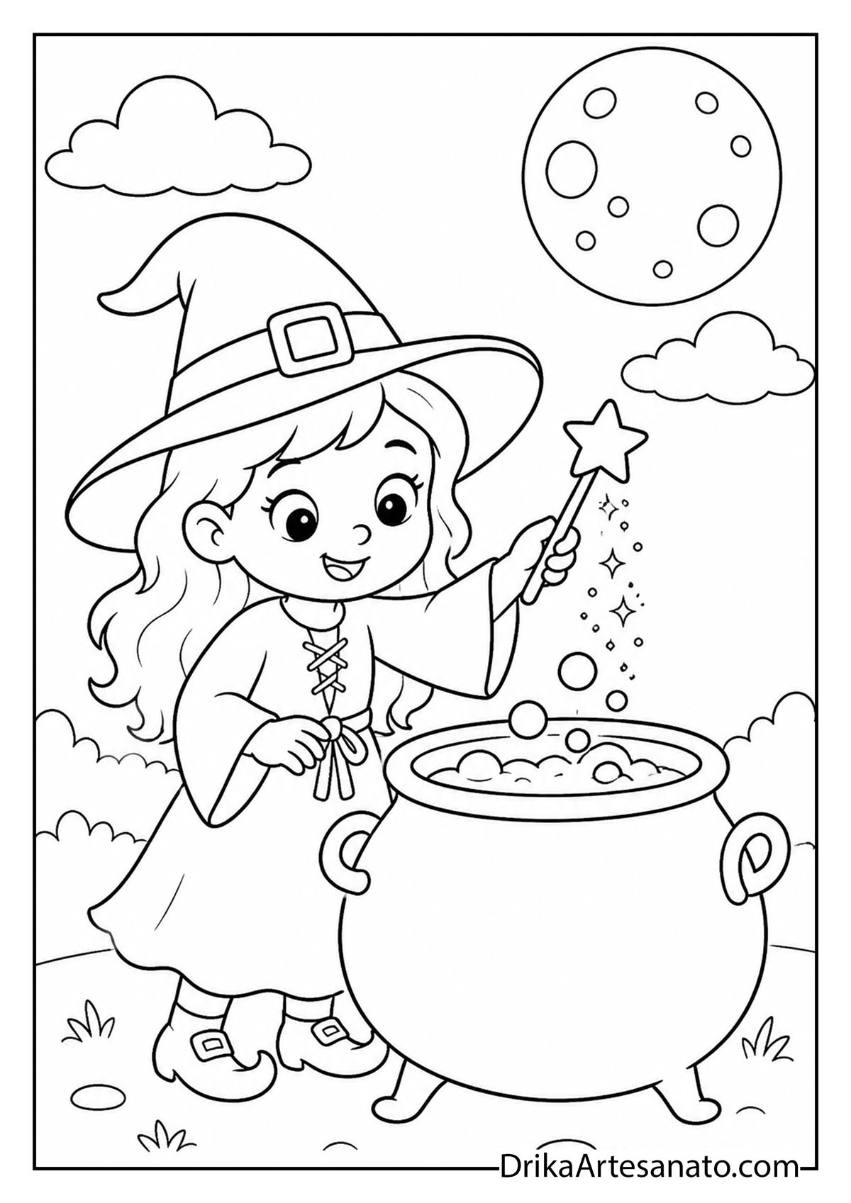 Smiling young witch waving a star wand over a cauldron under a full moon to color