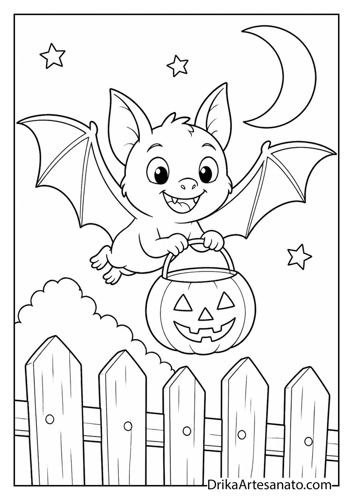 Friendly bat carrying a pumpkin treat bucket over a fence coloring sheet