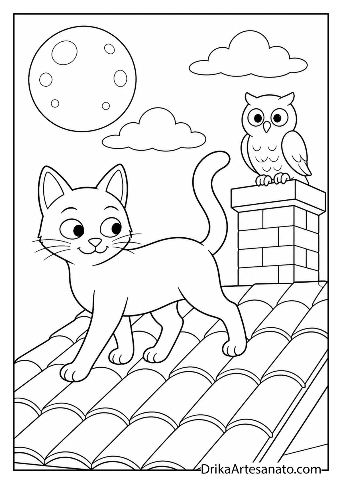 Cartoon cat walking on a rooftop next to an owl on a chimney night sky coloring page