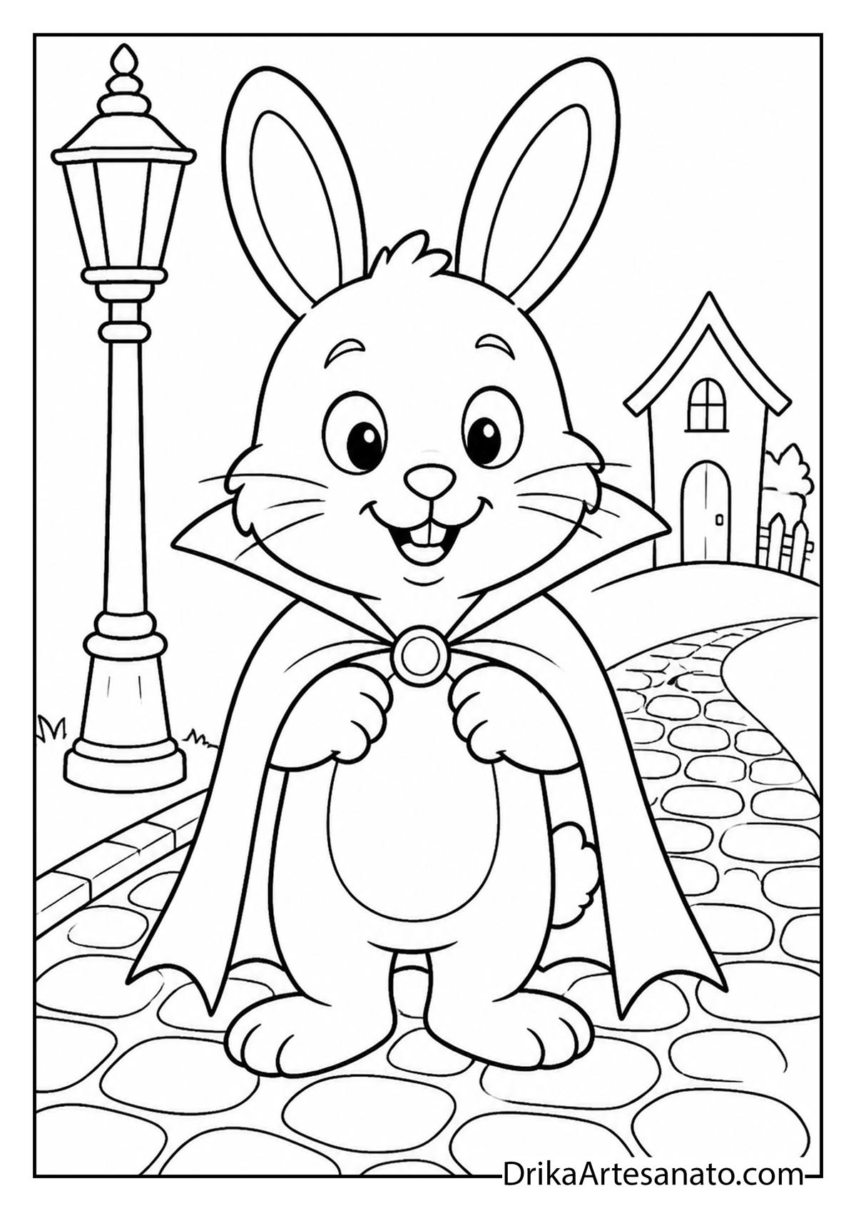 Cute bunny wearing a vampire cape standing on a stone path printable coloring page