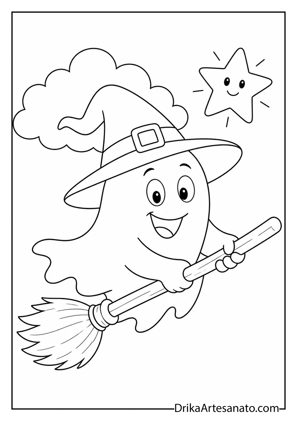 Friendly ghost in a witch hat flying on a broomstick through the sky coloring page