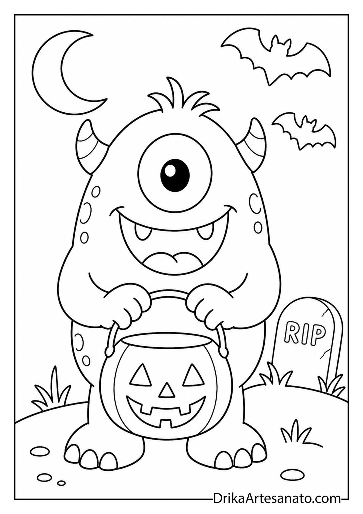 Friendly one-eyed monster holding a pumpkin treat bucket with bats coloring sheet