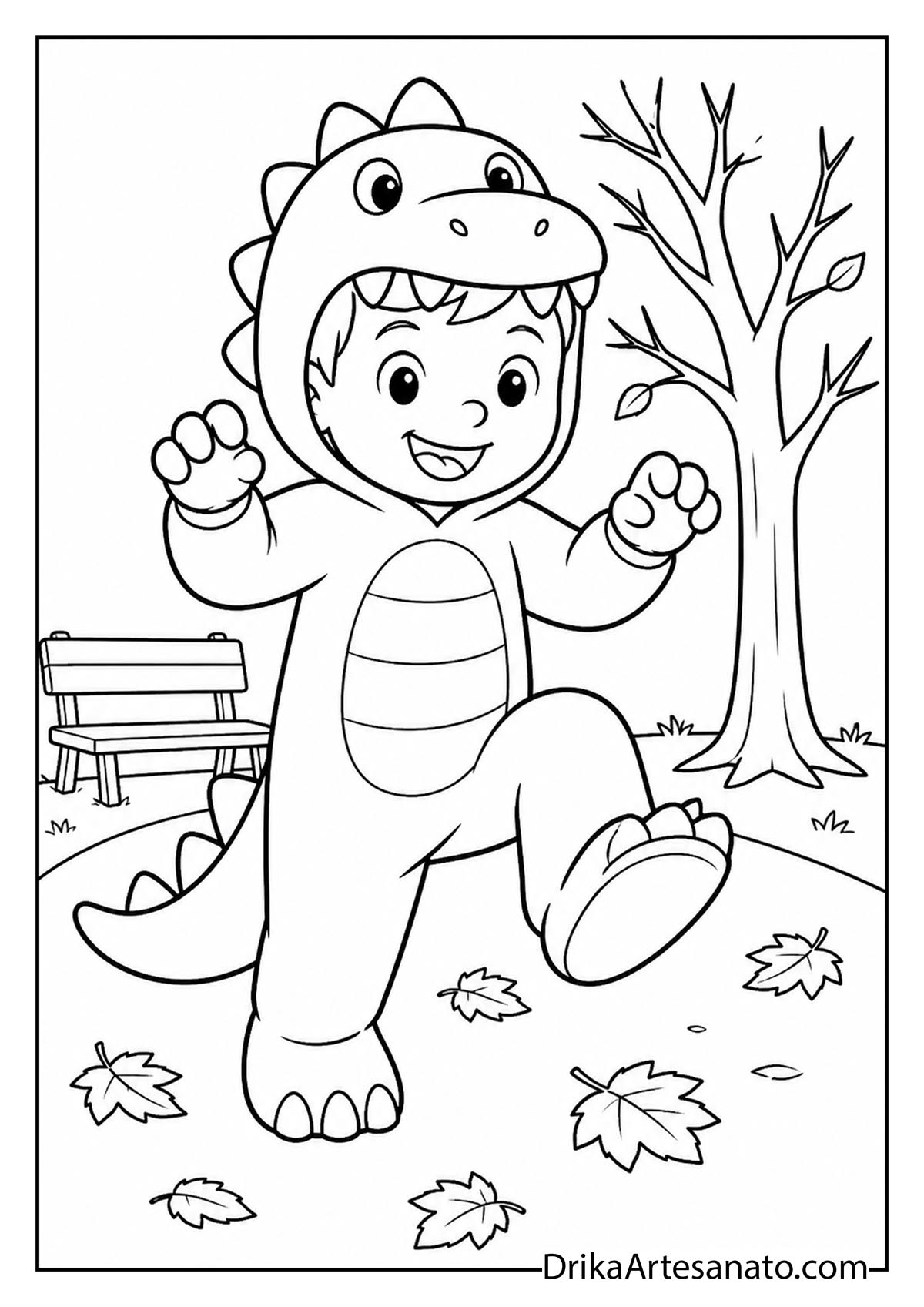Cartoon boy in dinosaur costume stomping through fall leaves coloring printable