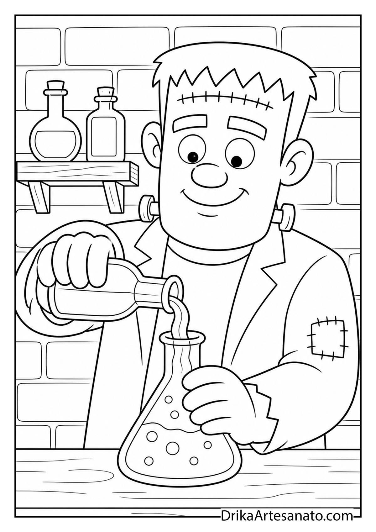 Cute Frankenstein monster mixing science potions in a laboratory coloring sheet