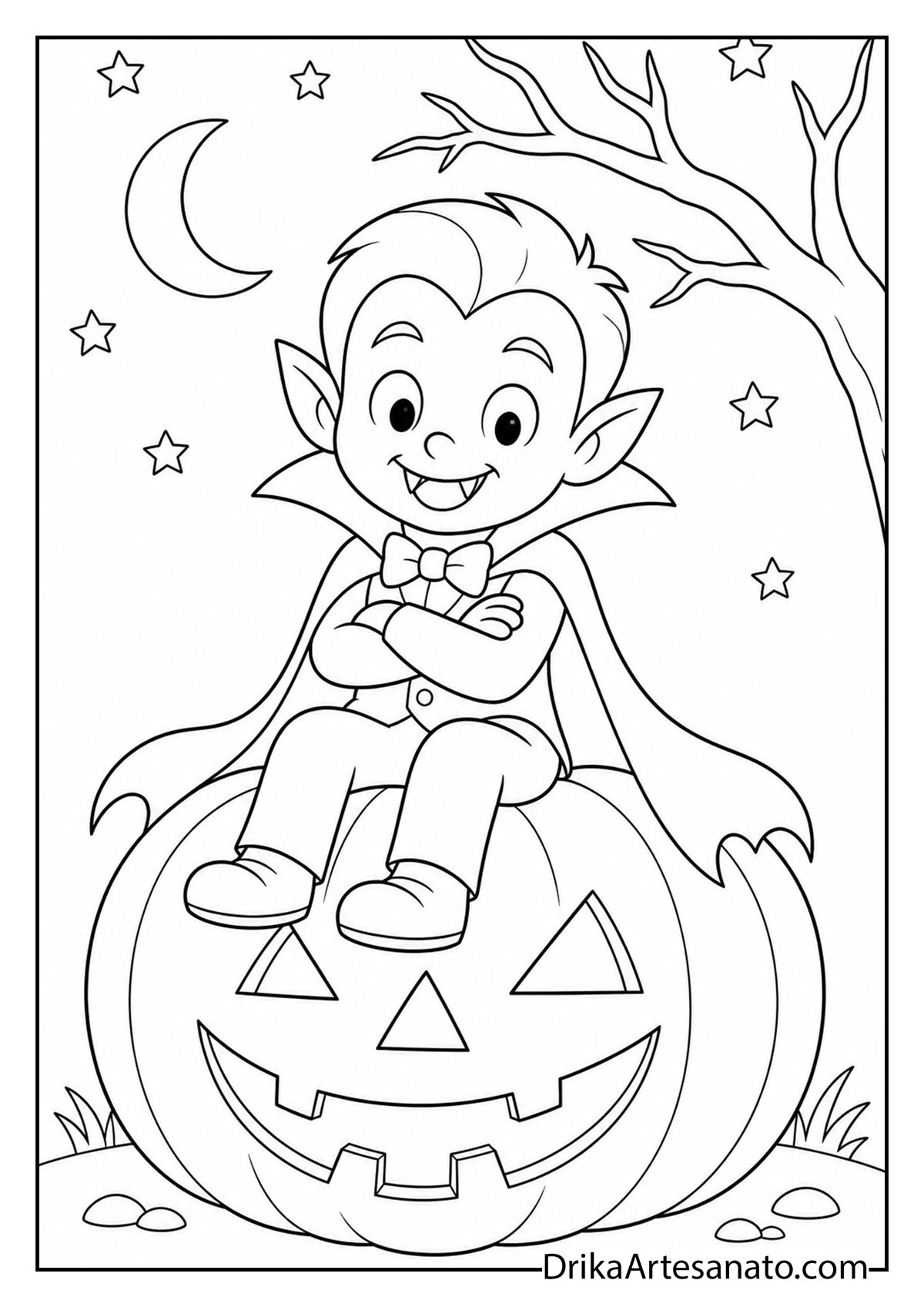 Cute cartoon vampire boy sitting on top of a carved Halloween pumpkin under a starry sky line art
