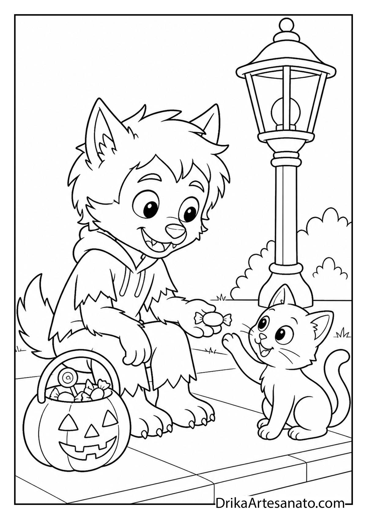 Cute werewolf offering candy to a small cat by a lamppost coloring page