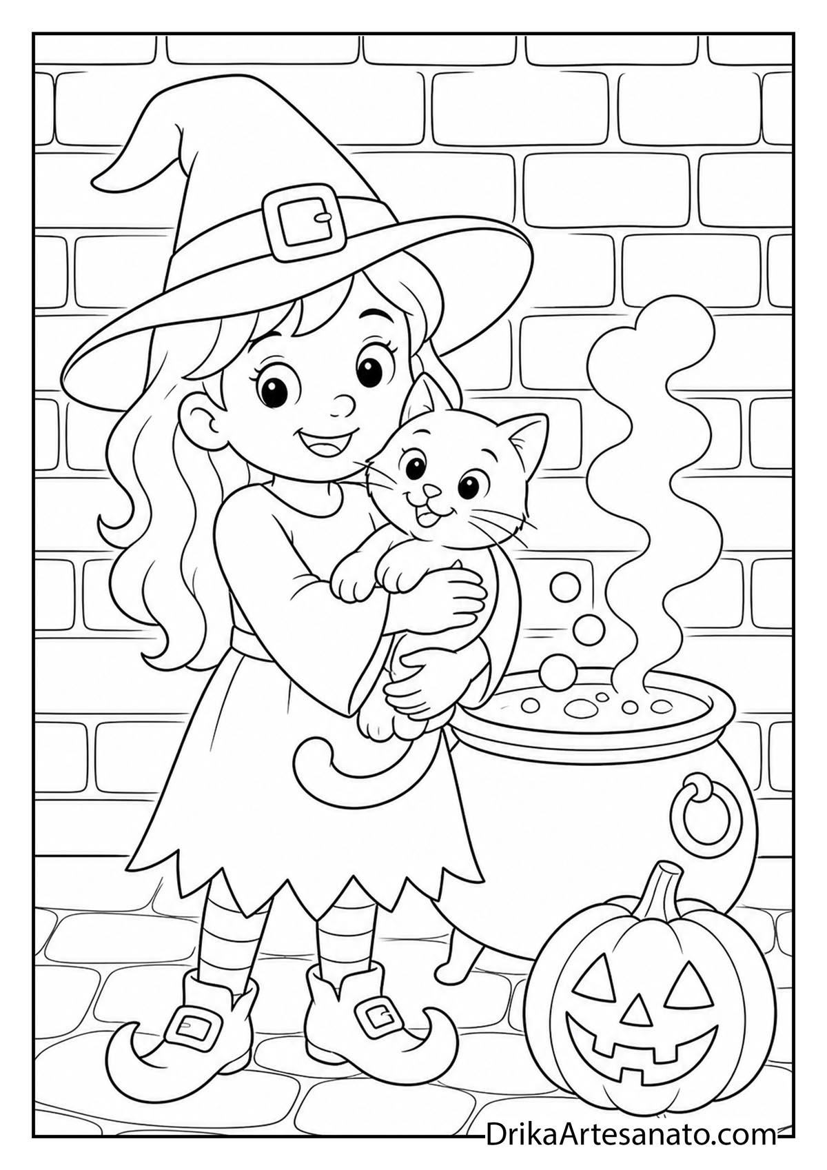 Cute witch hugging a friendly cat next to a cauldron and pumpkin coloring page