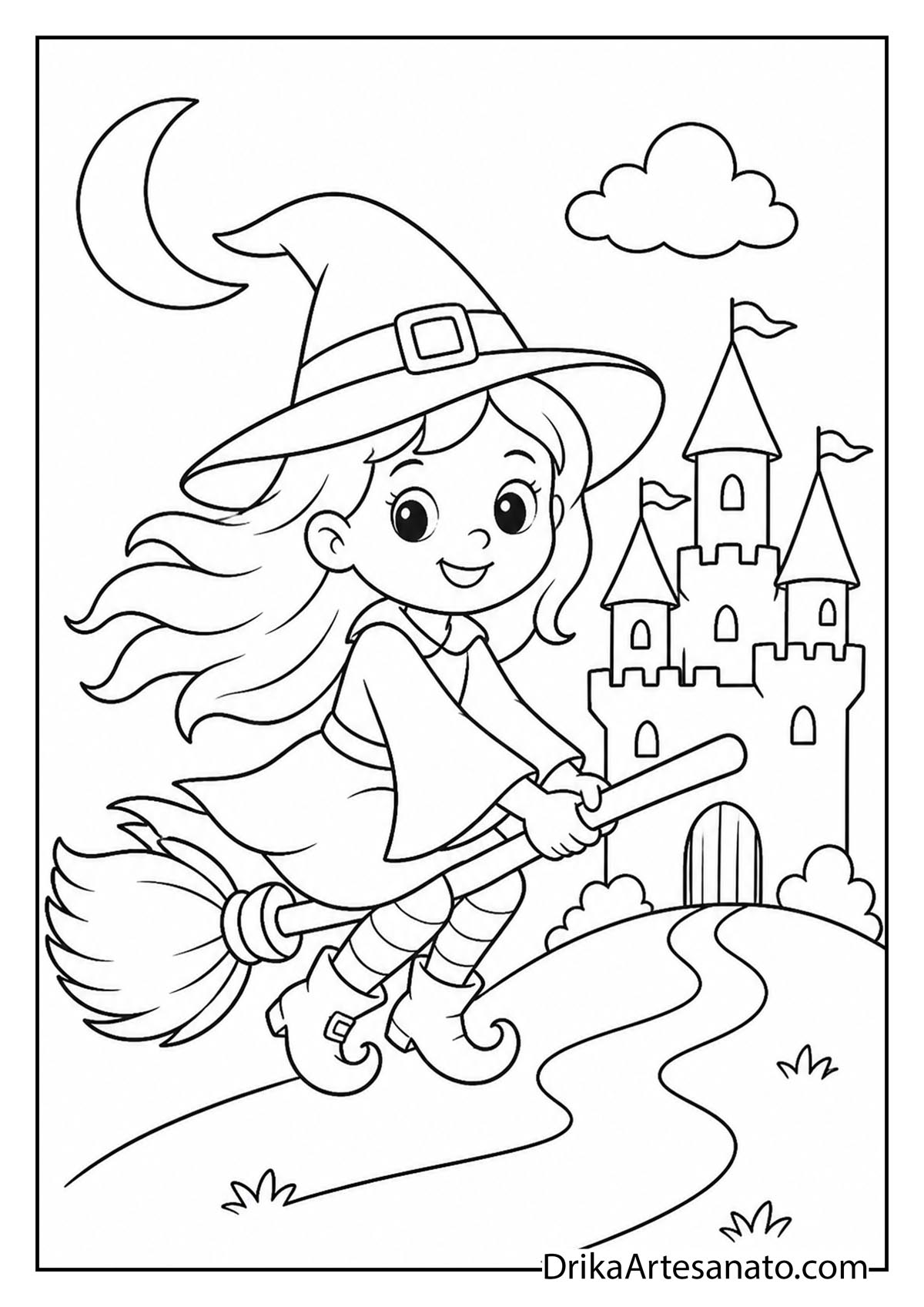 Cute little witch flying on a broomstick near a spooky castle coloring page