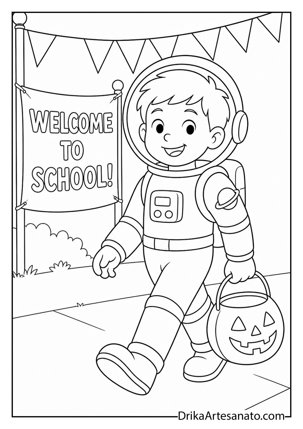 Boy dressed as astronaut holding jack-o'-lantern treat bucket coloring sheet