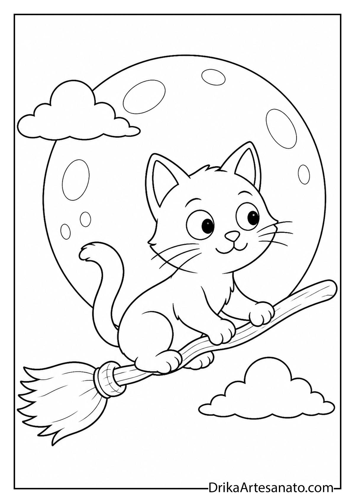 Cute cat flying on a broomstick across a giant full moon simple printable coloring sheet