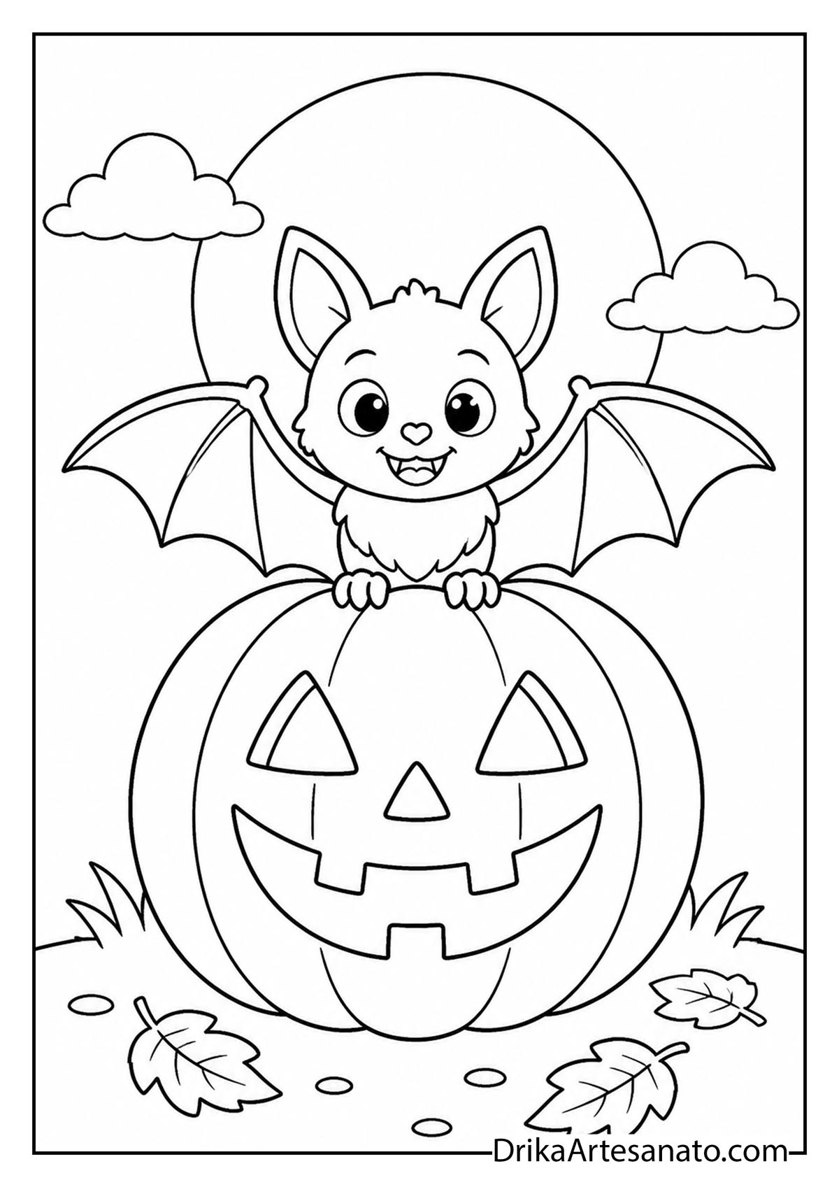 Cute bat perched on top of a carved jack o lantern pumpkin coloring page