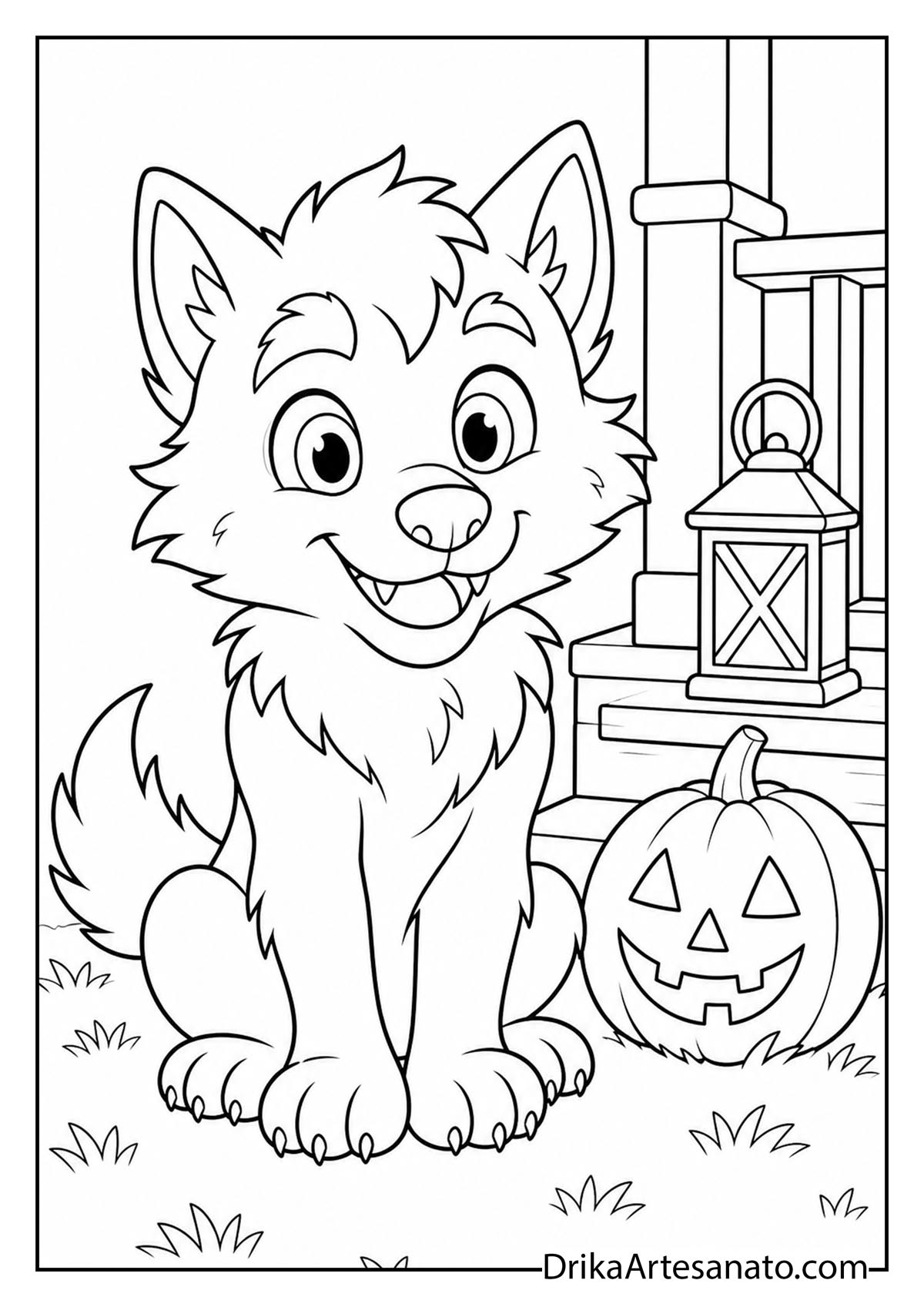 Cute werewolf puppy sitting beside a pumpkin on porch steps line art coloring page