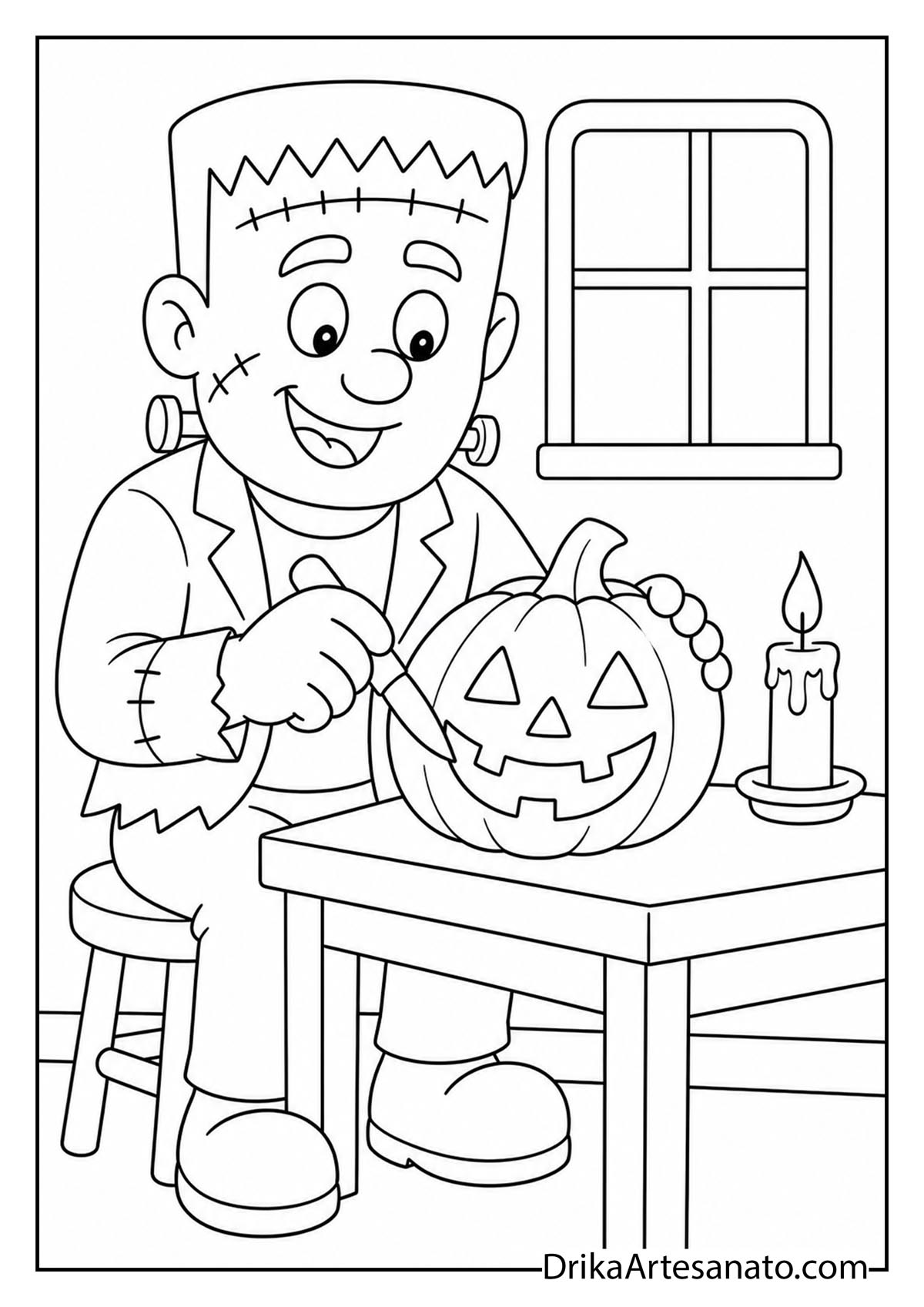 Frankenstein monster carving a pumpkin face at a wooden table coloring page