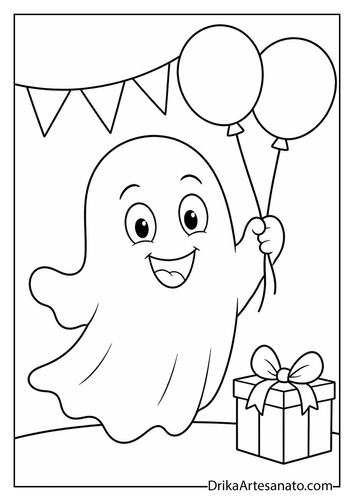 Happy cartoon ghost holding balloons beside a wrapped birthday present coloring sheet