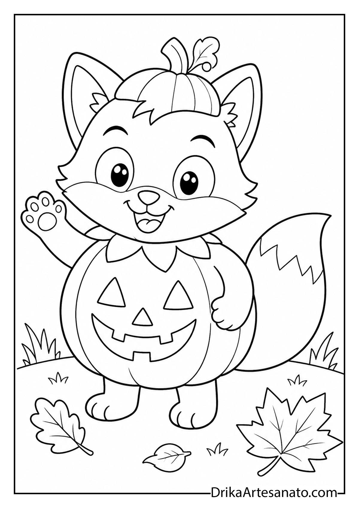 Kawaii fox wearing a carved pumpkin costume with autumn leaves coloring sheet