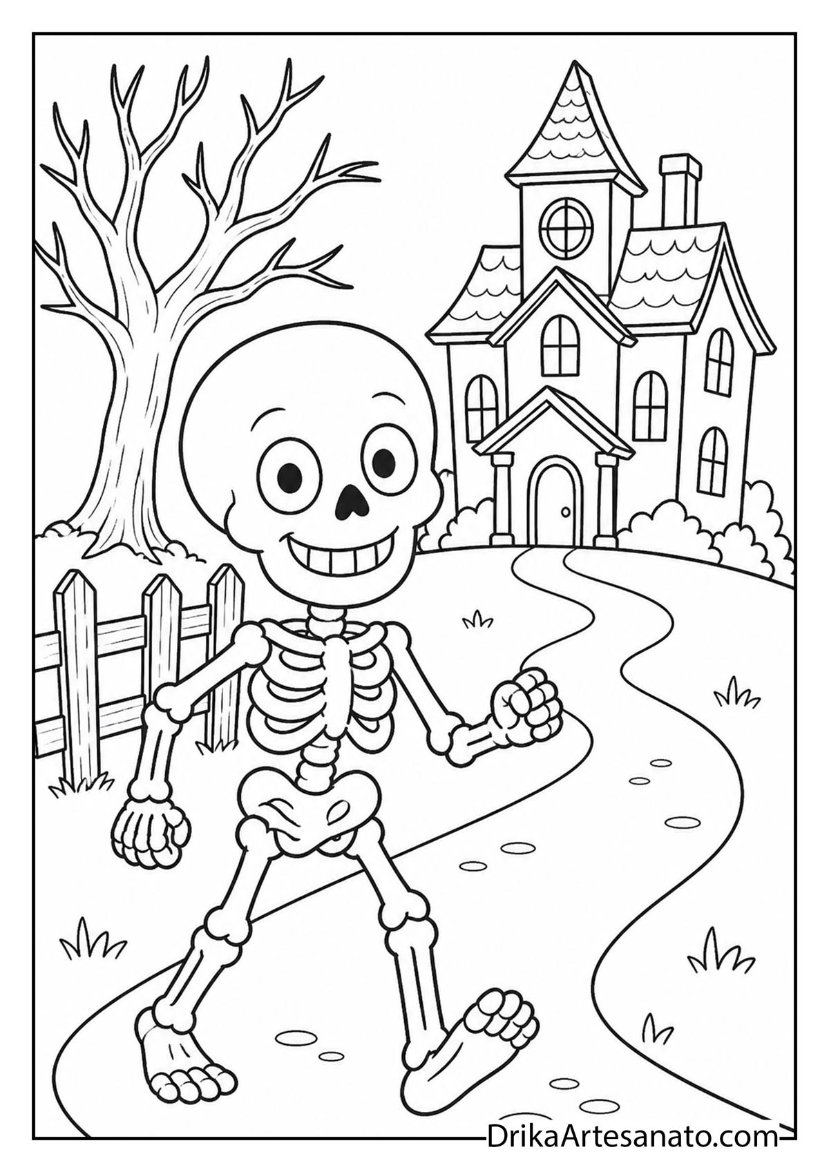 Happy cartoon skeleton walking along a path near a haunted house coloring sheet