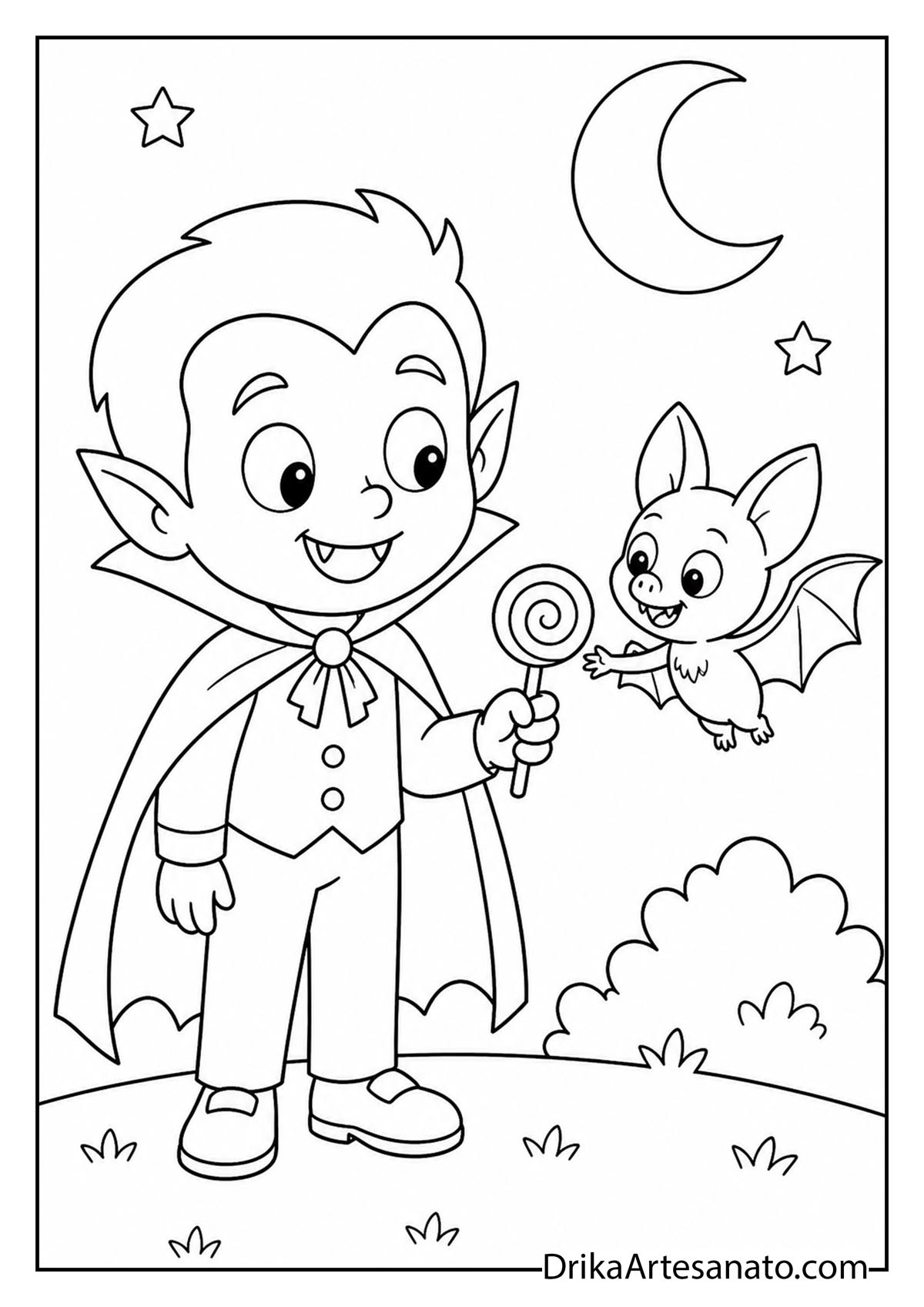 Cute cartoon vampire boy sharing a spiral lollipop with a friendly flying bat outline coloring page