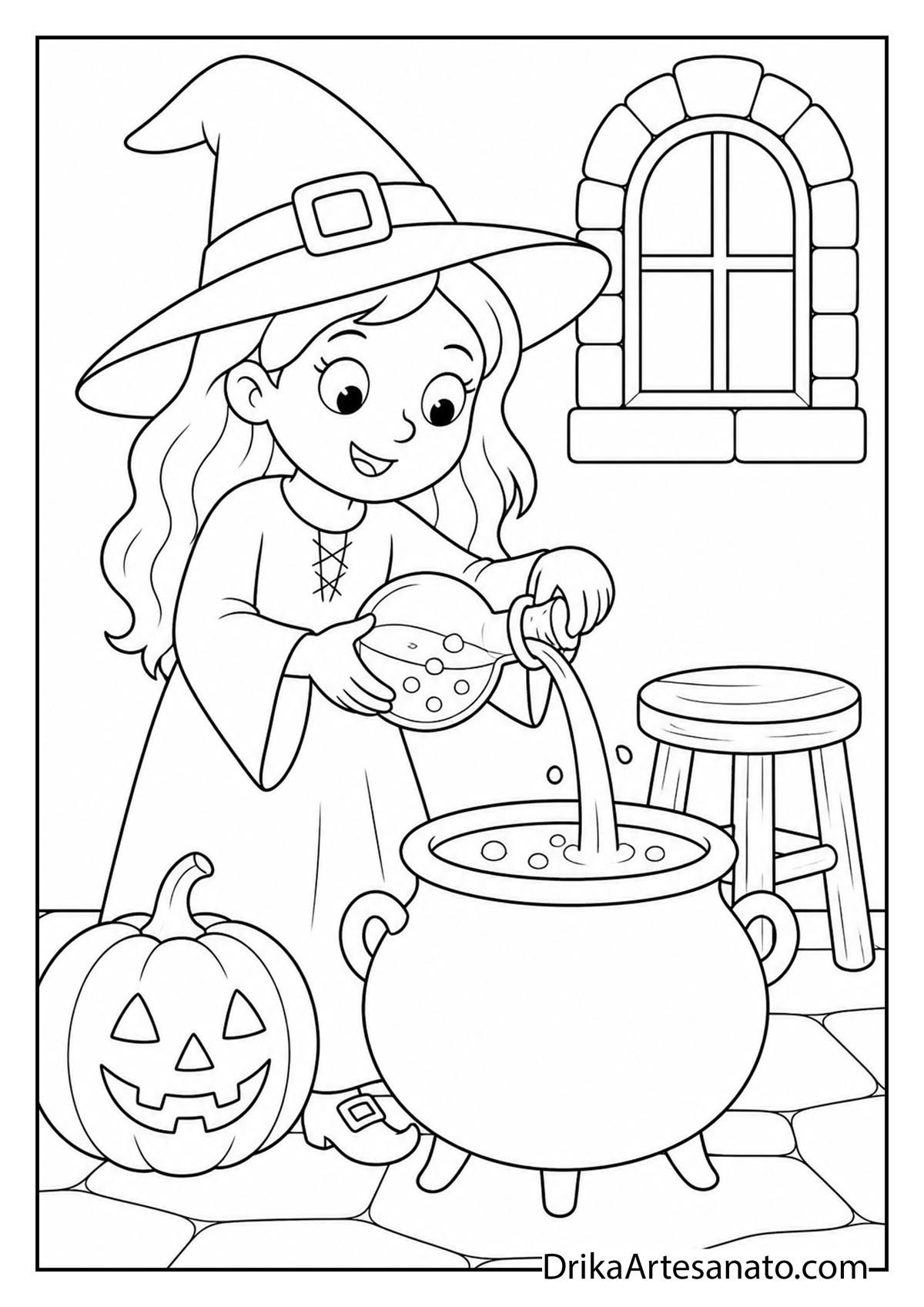 Young witch pouring a potion from a glass flask into a cauldron coloring sheet