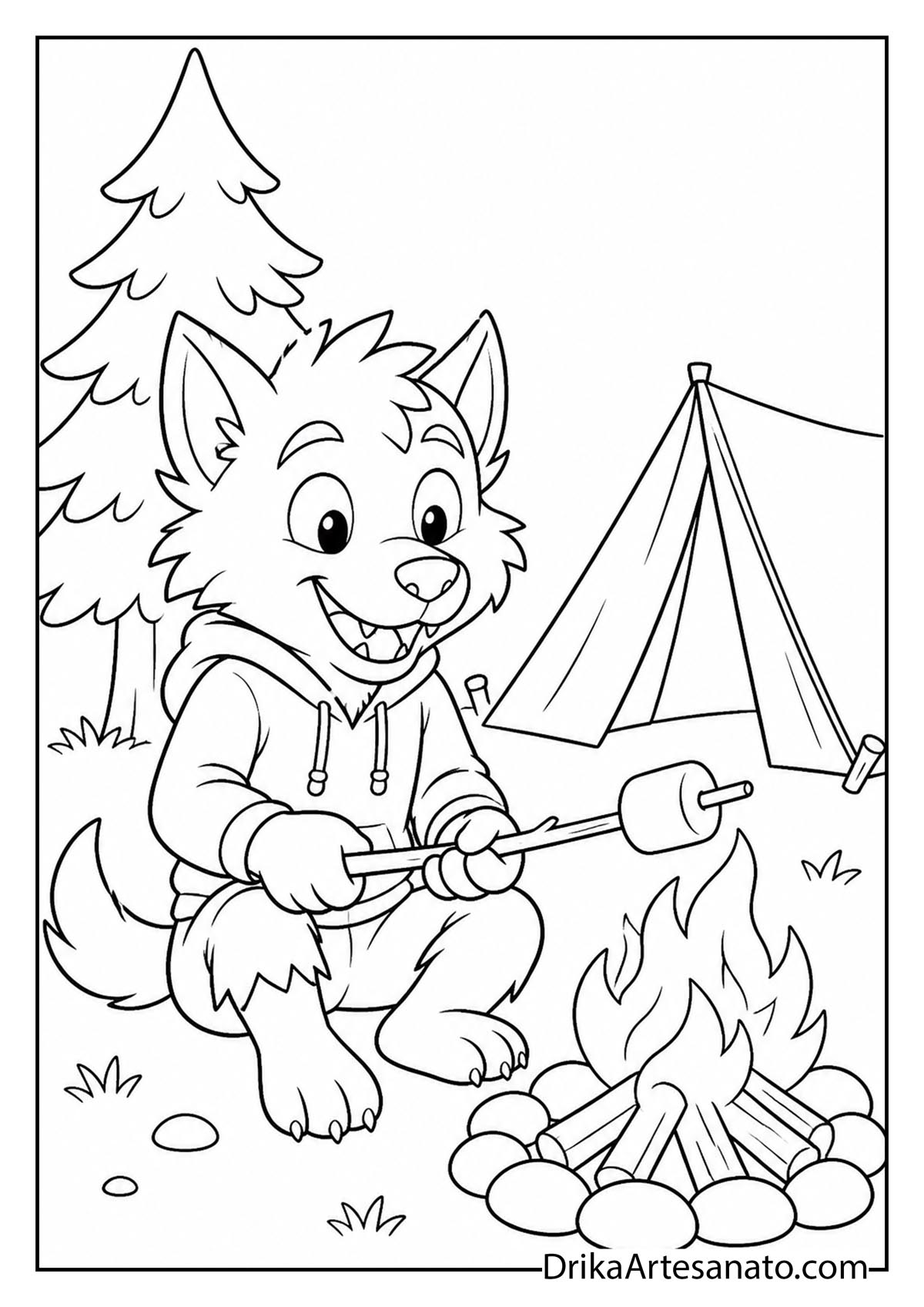 Werewolf pup roasting a marshmallow over a campfire outline coloring page