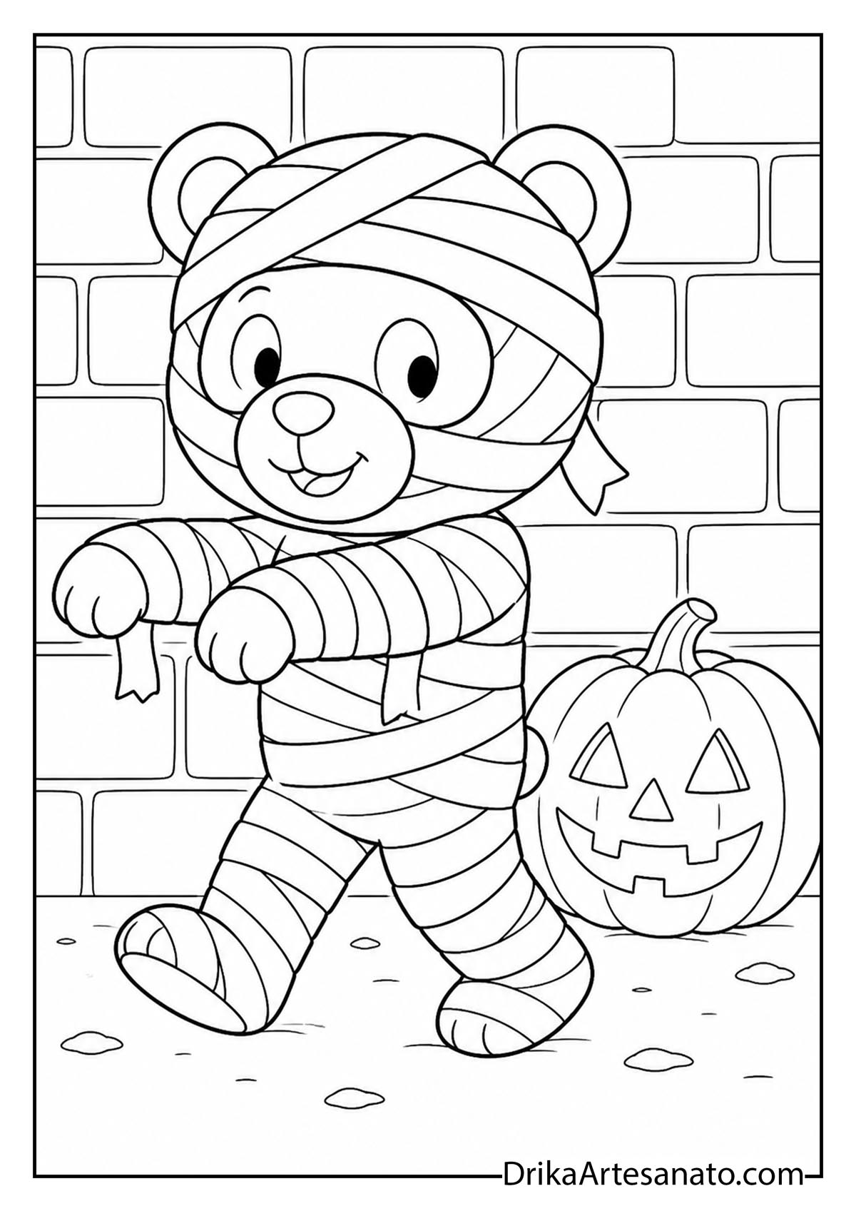 Cute bear dressed as a mummy walking near a jack-o-lantern line art coloring page