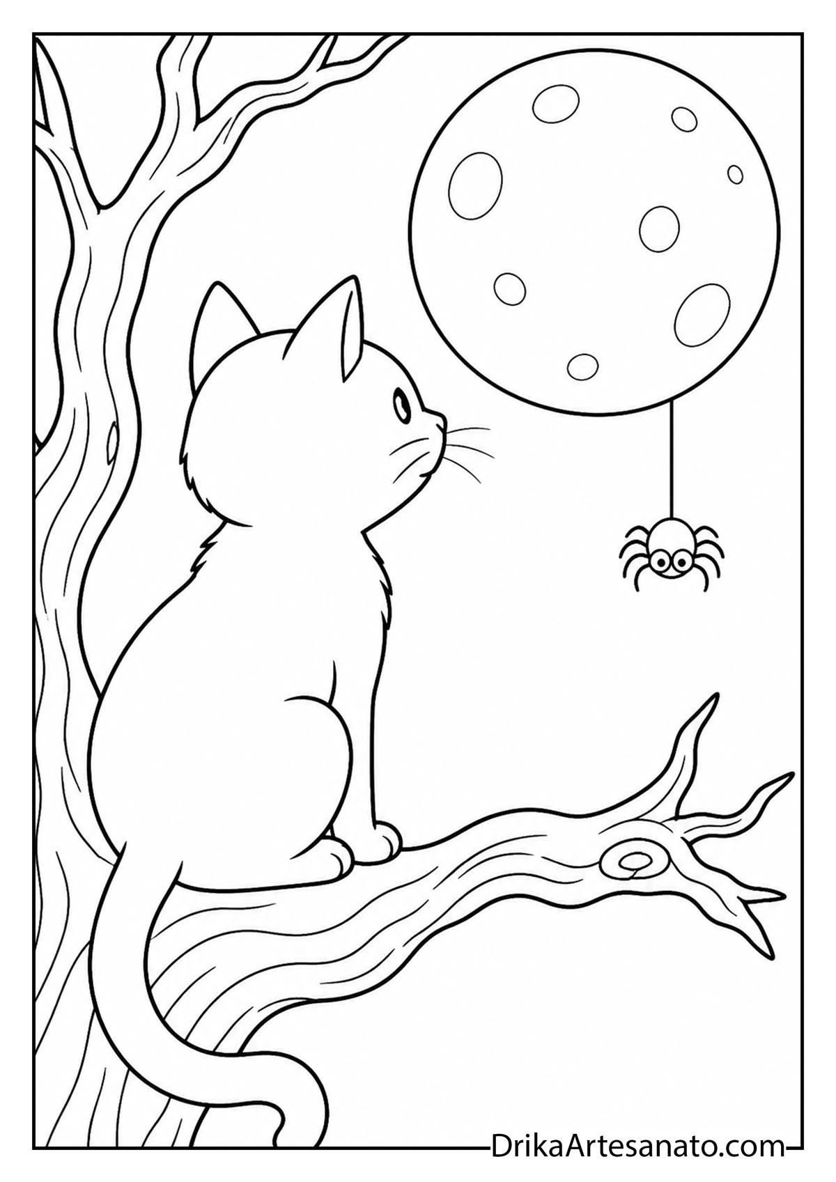Cat sitting on a tree branch looking at a hanging spider under a full moon to color