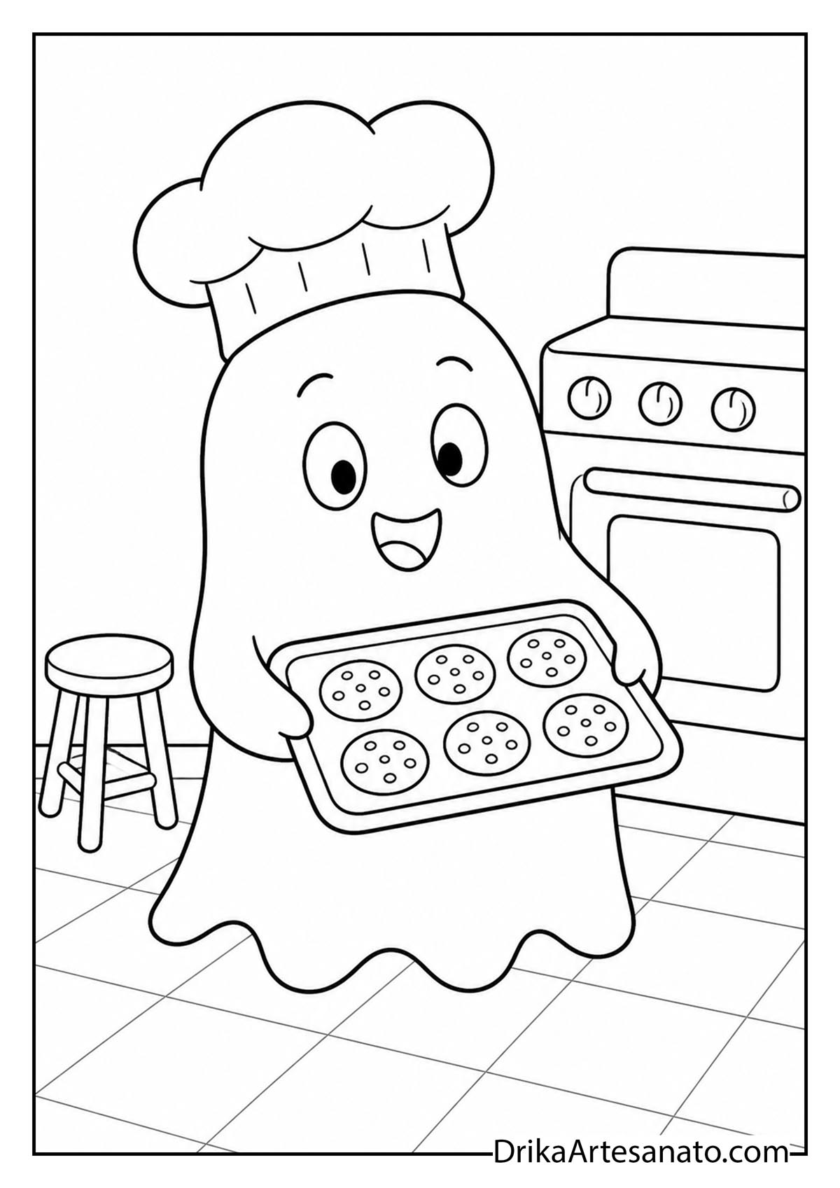 Cute baker ghost in a chef hat holding a tray of freshly baked cookies coloring page