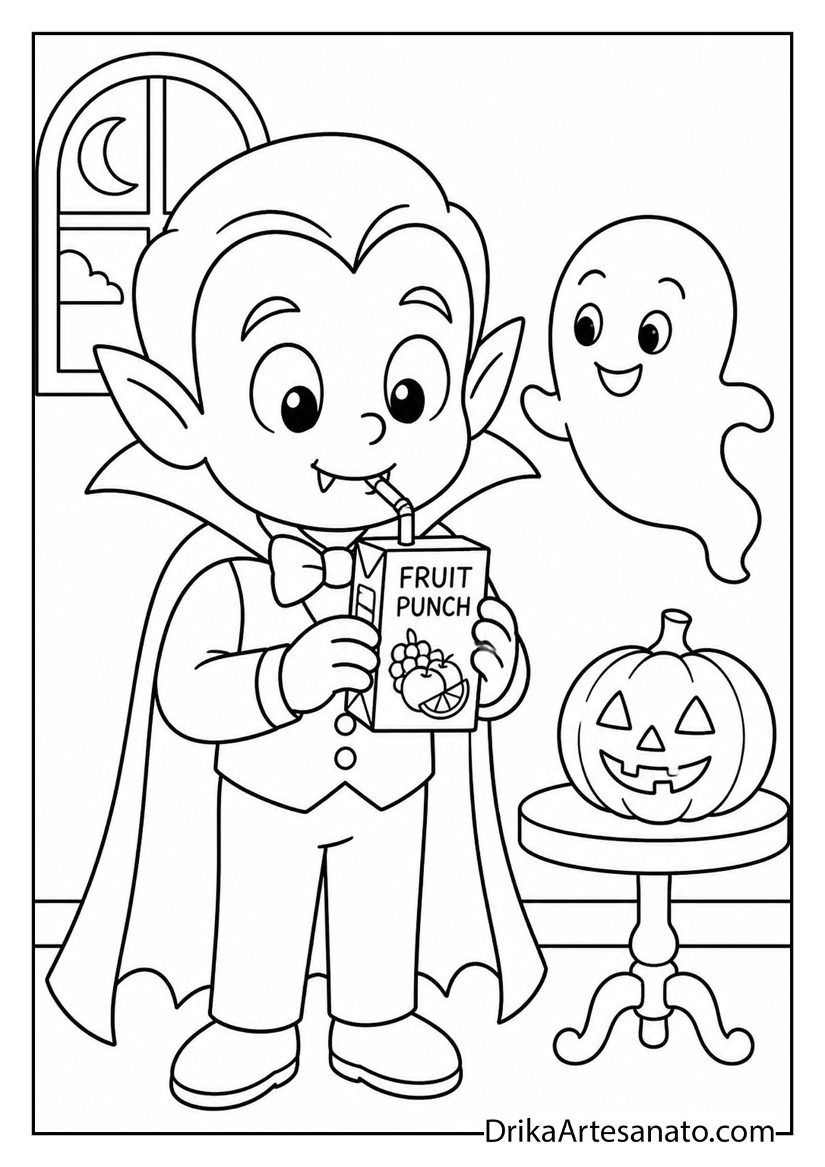 Cute cartoon vampire boy sipping fruit punch juice next to a friendly ghost and jack-o-lantern line art