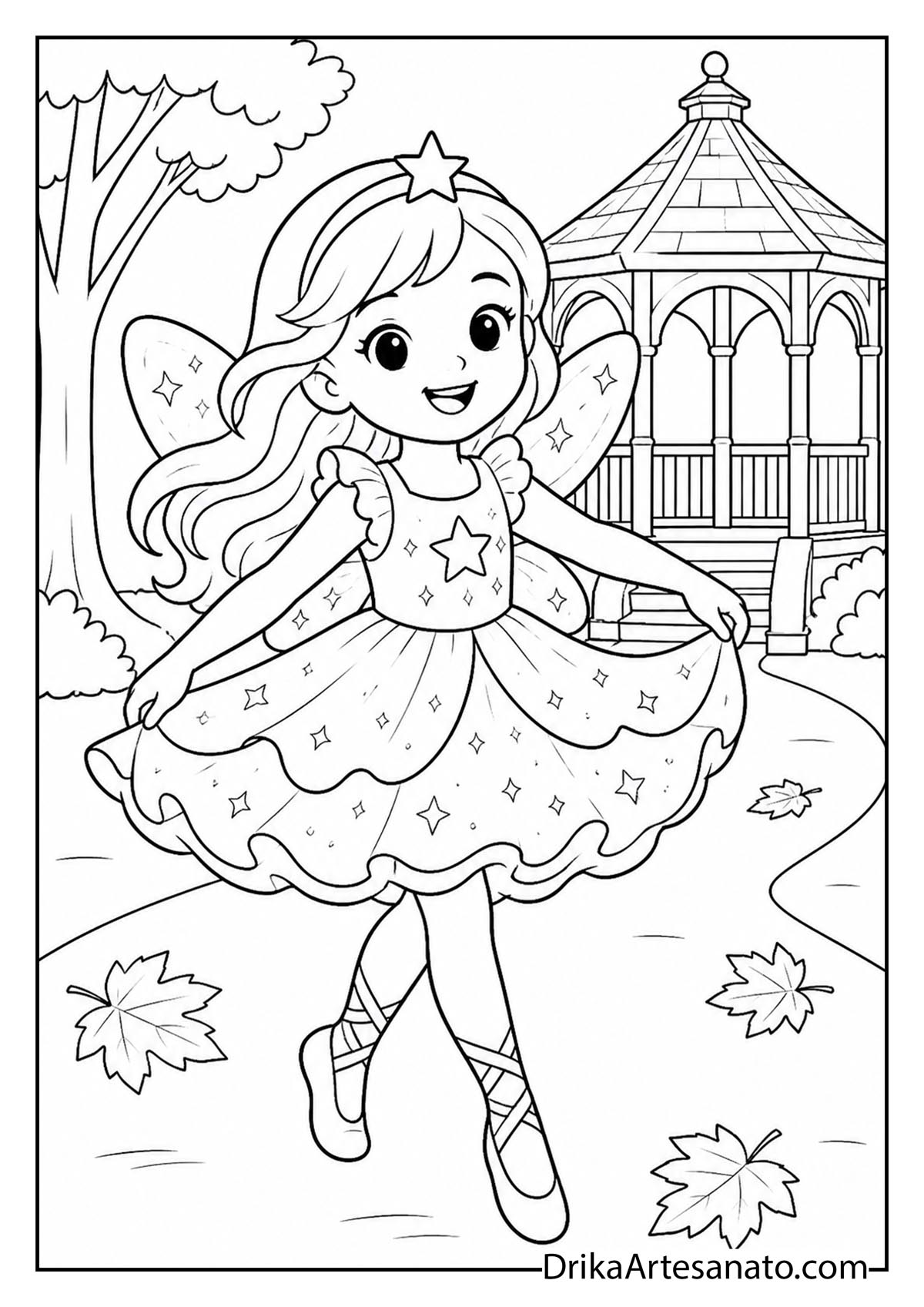 Little girl in fairy costume twirling near park gazebo coloring page