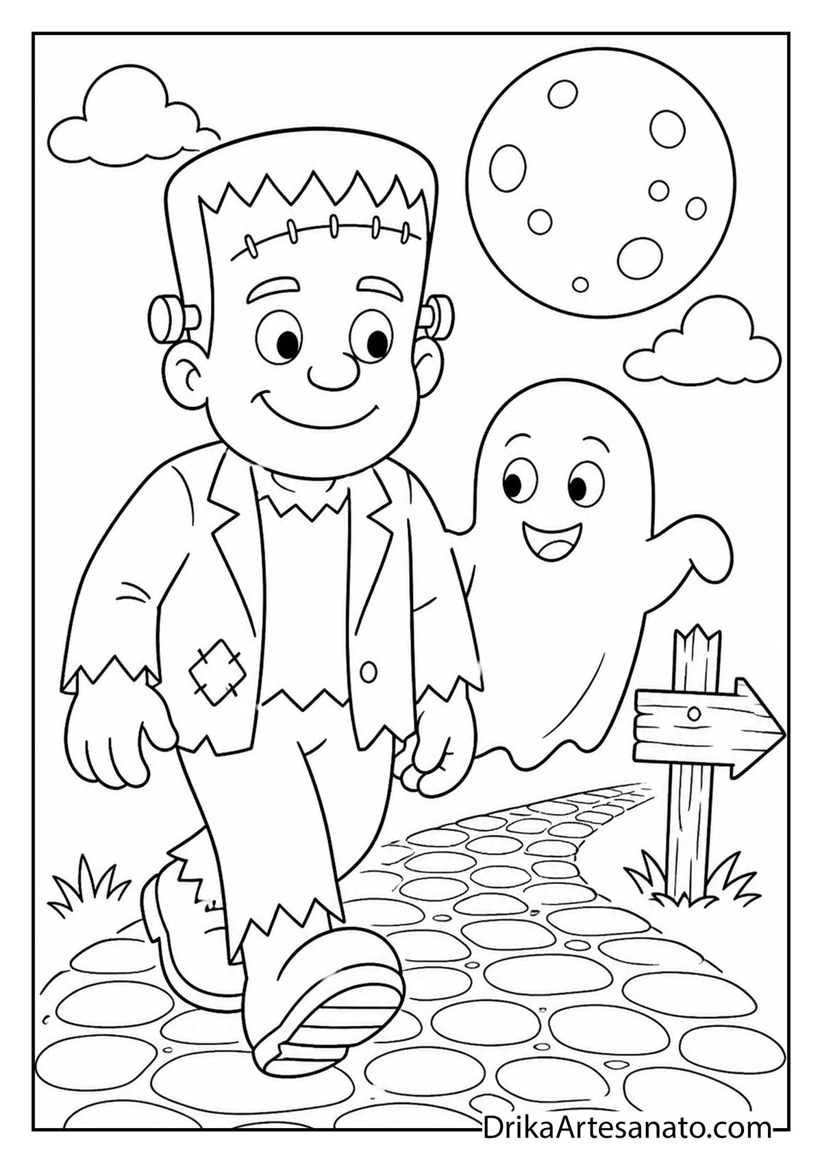 Friendly Frankenstein walking on a stone path with a cute ghost coloring sheet