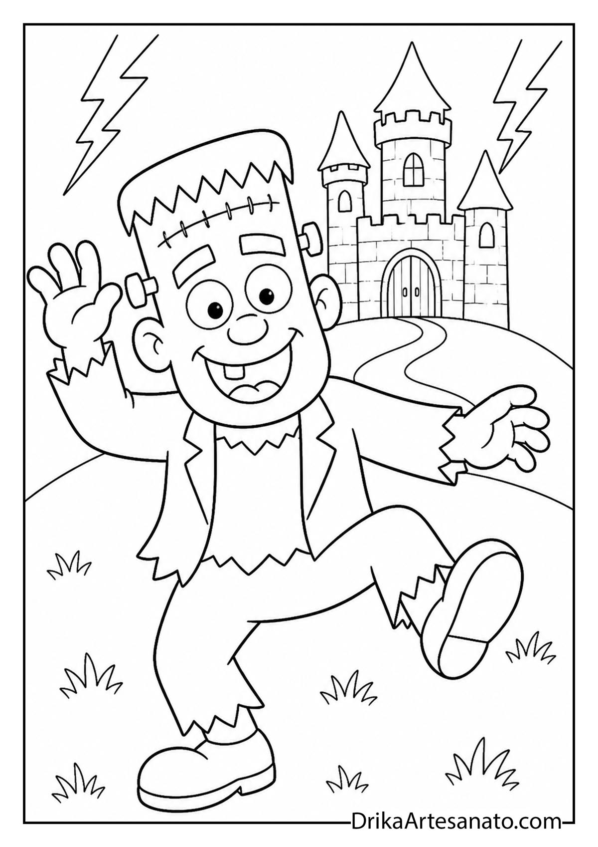 Friendly Frankenstein monster waving in front of a spooky castle coloring page