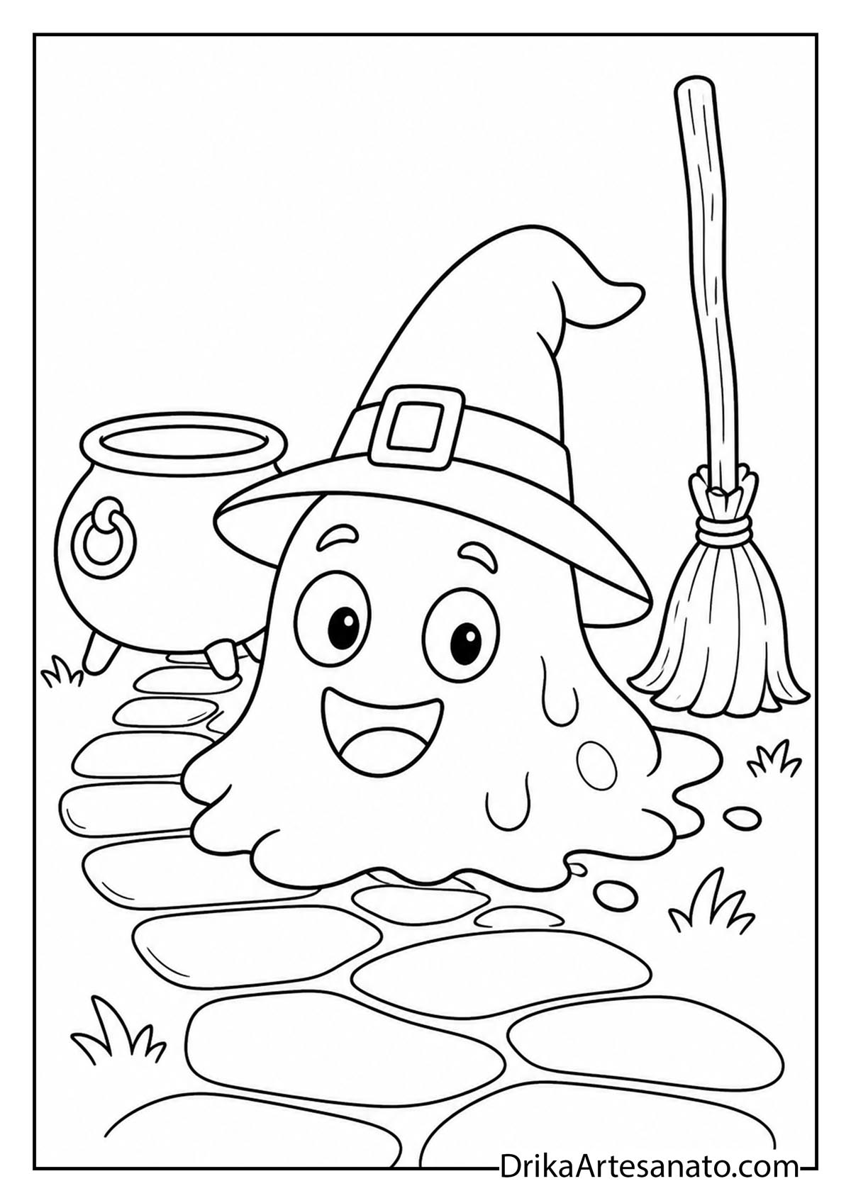 Cute slime monster wearing a witch hat beside a cauldron and broom coloring sheet