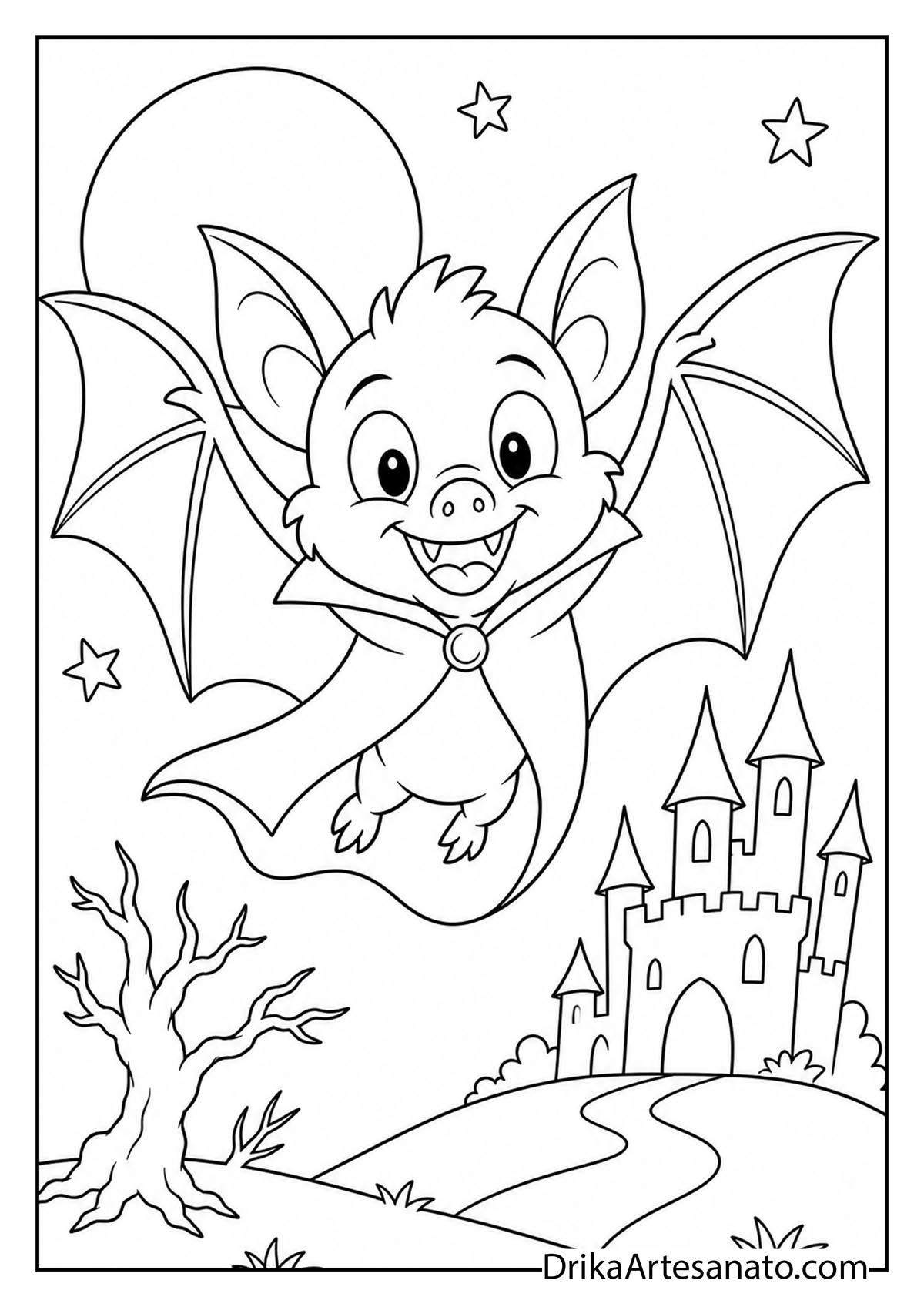 Cartoon bat wearing a vampire cape flying over a castle coloring sheet