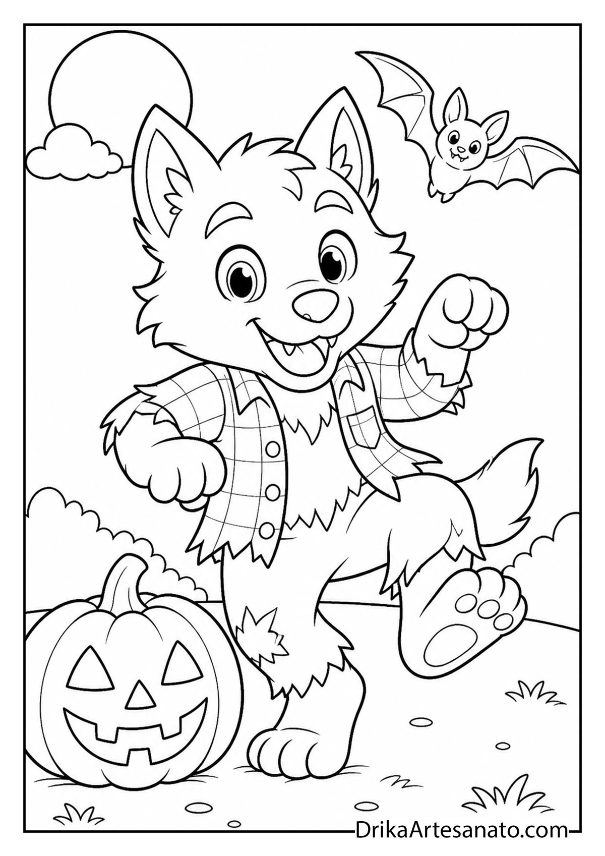 Cheerful werewolf pup dancing in plaid beside a pumpkin and bat coloring sheet