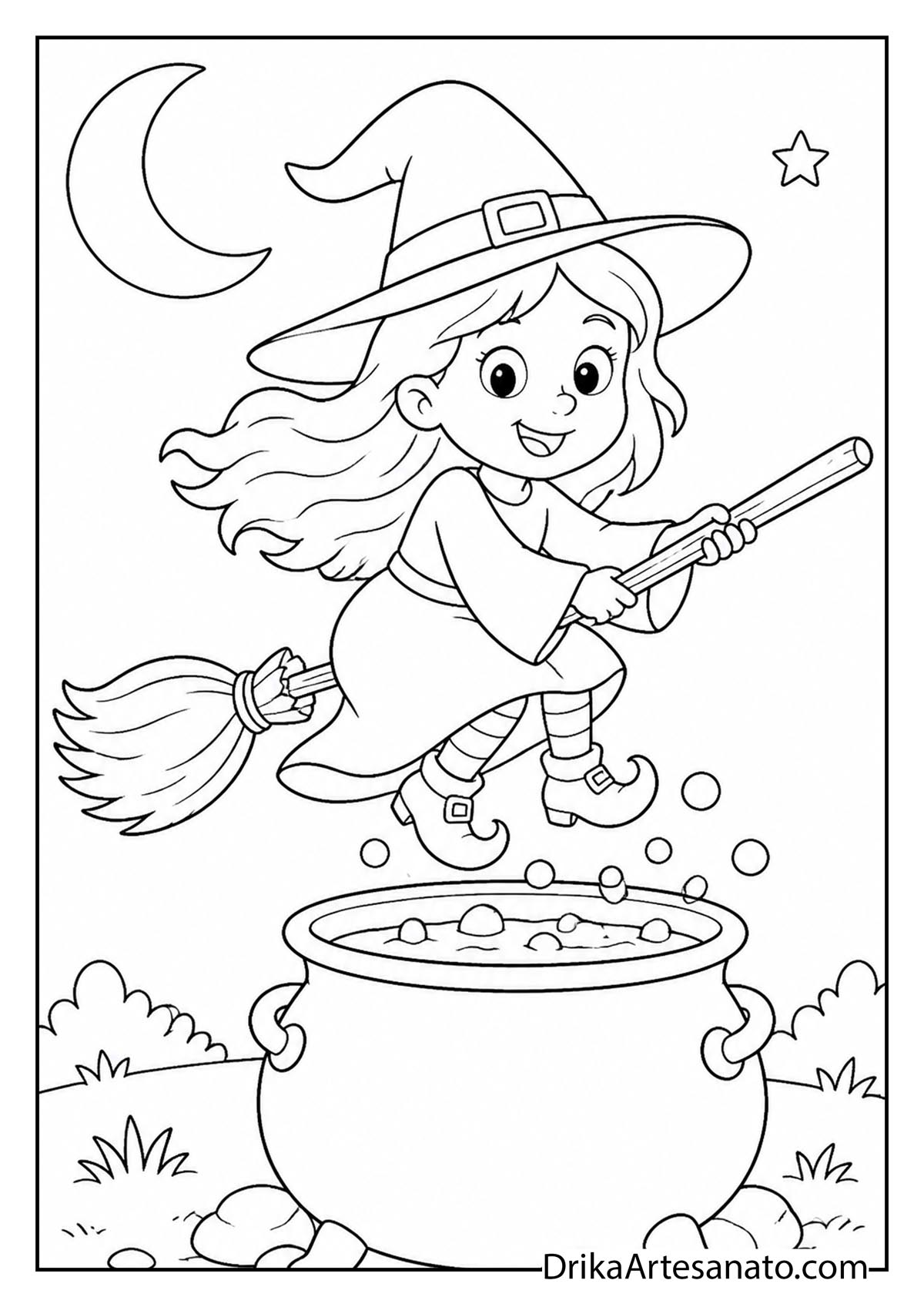 Cute cartoon witch riding a broomstick over a bubbling cauldron to color
