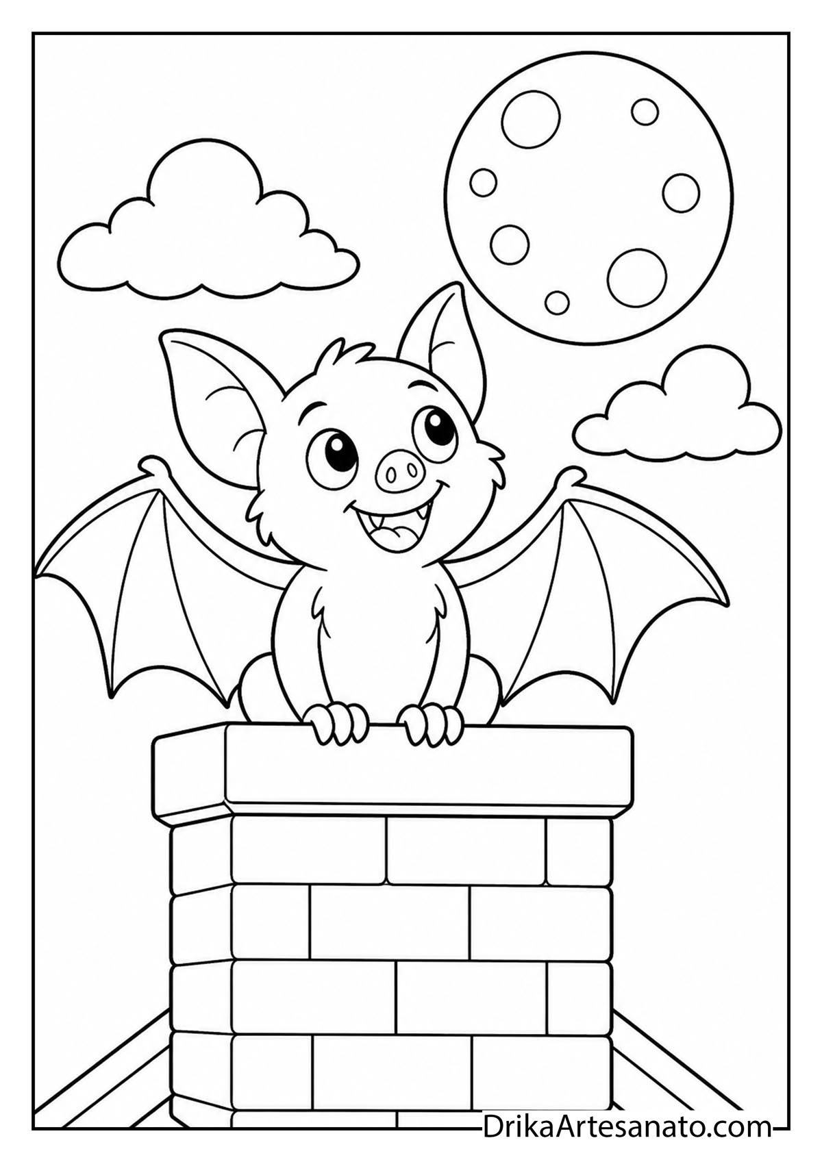 Simple bat sitting on a brick chimney beneath a full moon coloring page