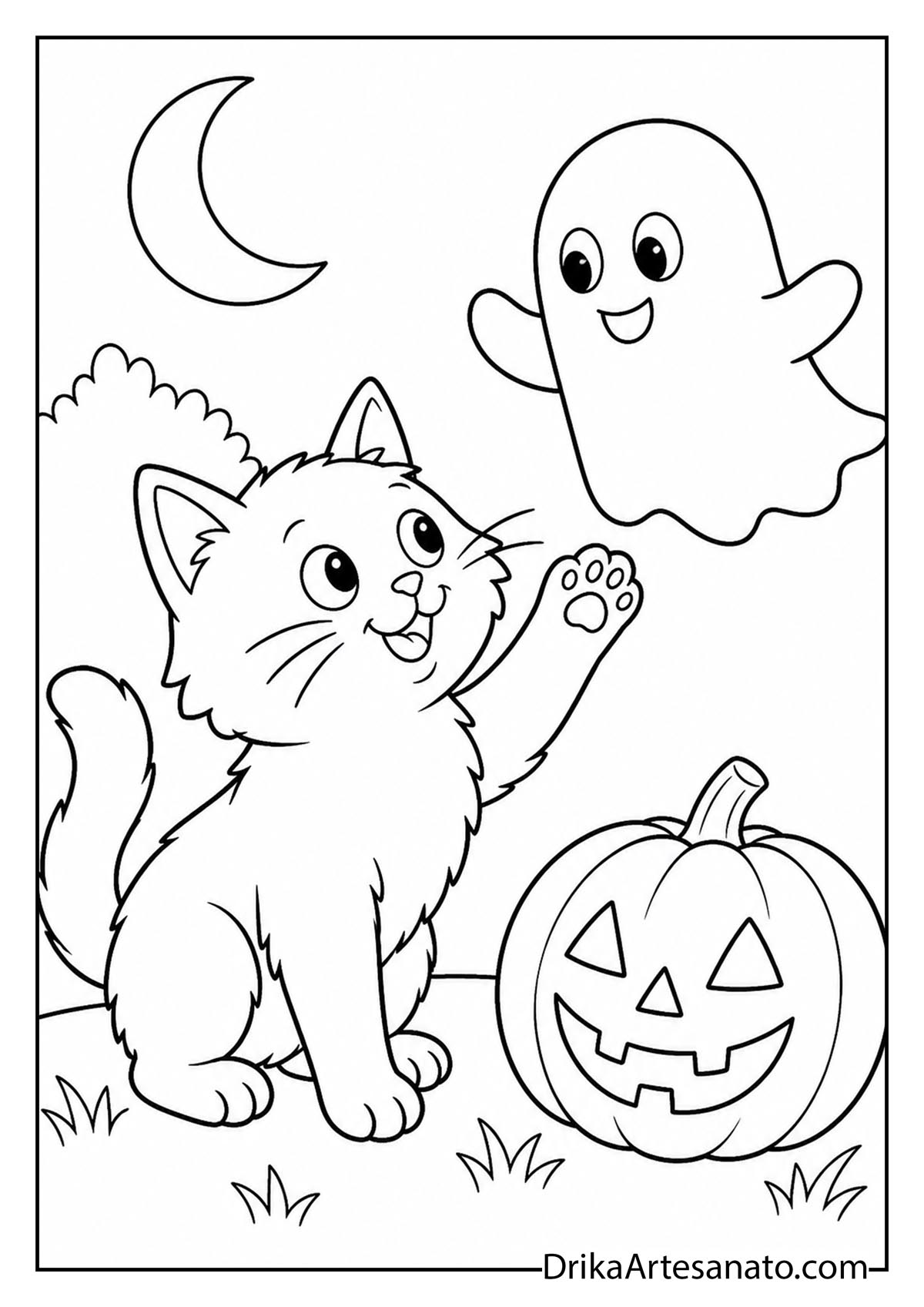 Happy kitten reaching toward a cute friendly ghost beside a pumpkin coloring page