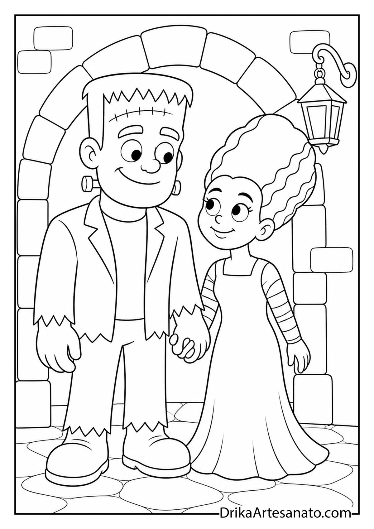 Frankenstein monster holding hands with his bride black and white coloring page