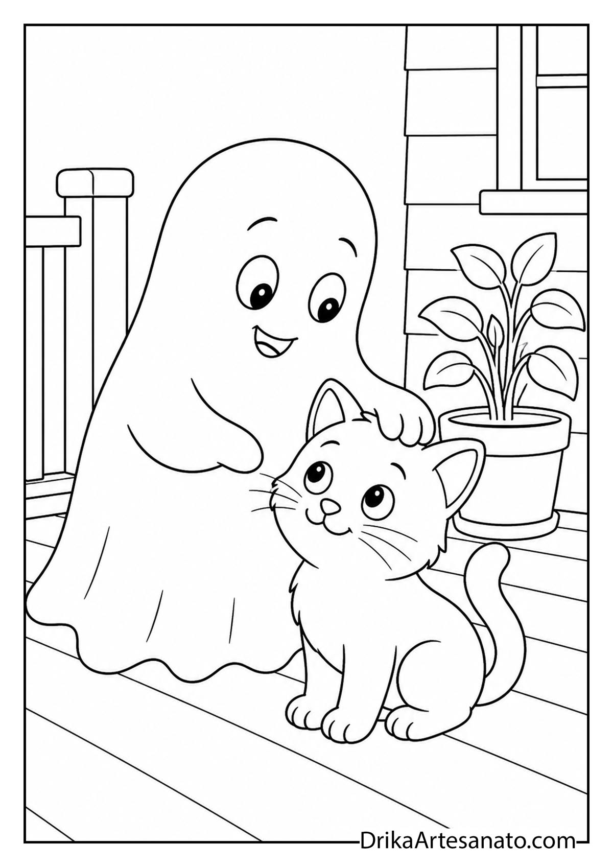 Sweet little ghost petting a friendly cat on a front porch coloring sheet