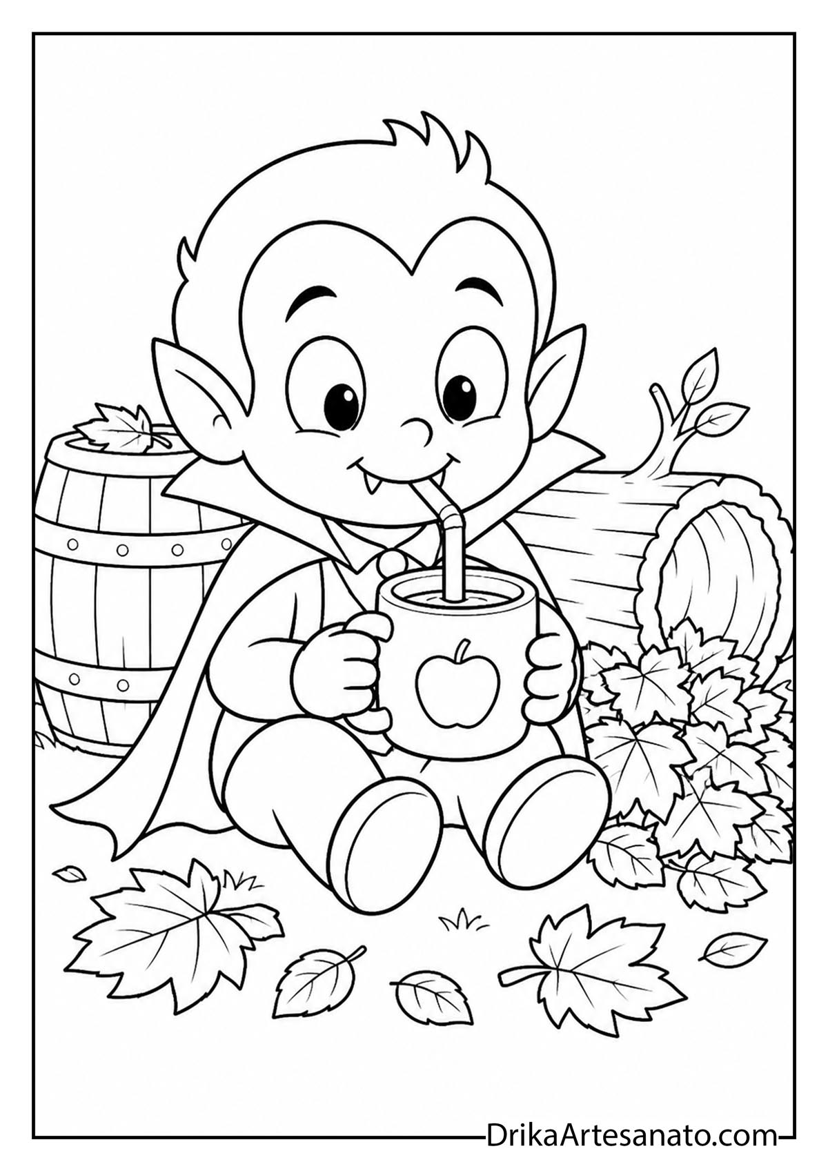 Cute baby vampire drinking apple cider from a mug surrounded by fall leaves coloring page