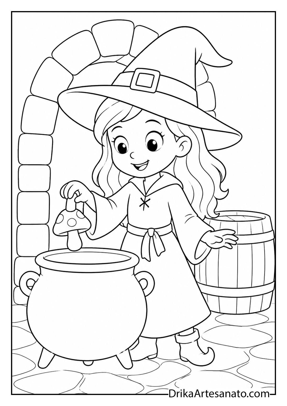 Little witch dropping a spotted mushroom into her cauldron printable coloring page