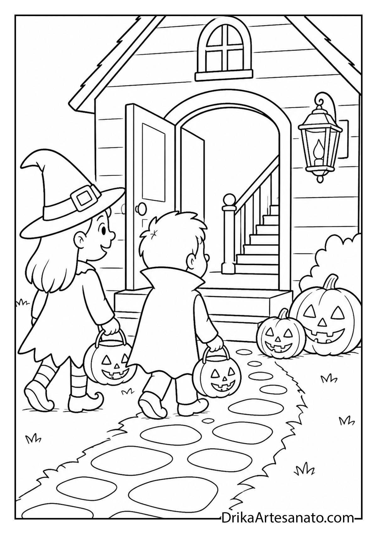 Trick-or-treaters dressed as a witch and vampire walking up porch steps coloring page