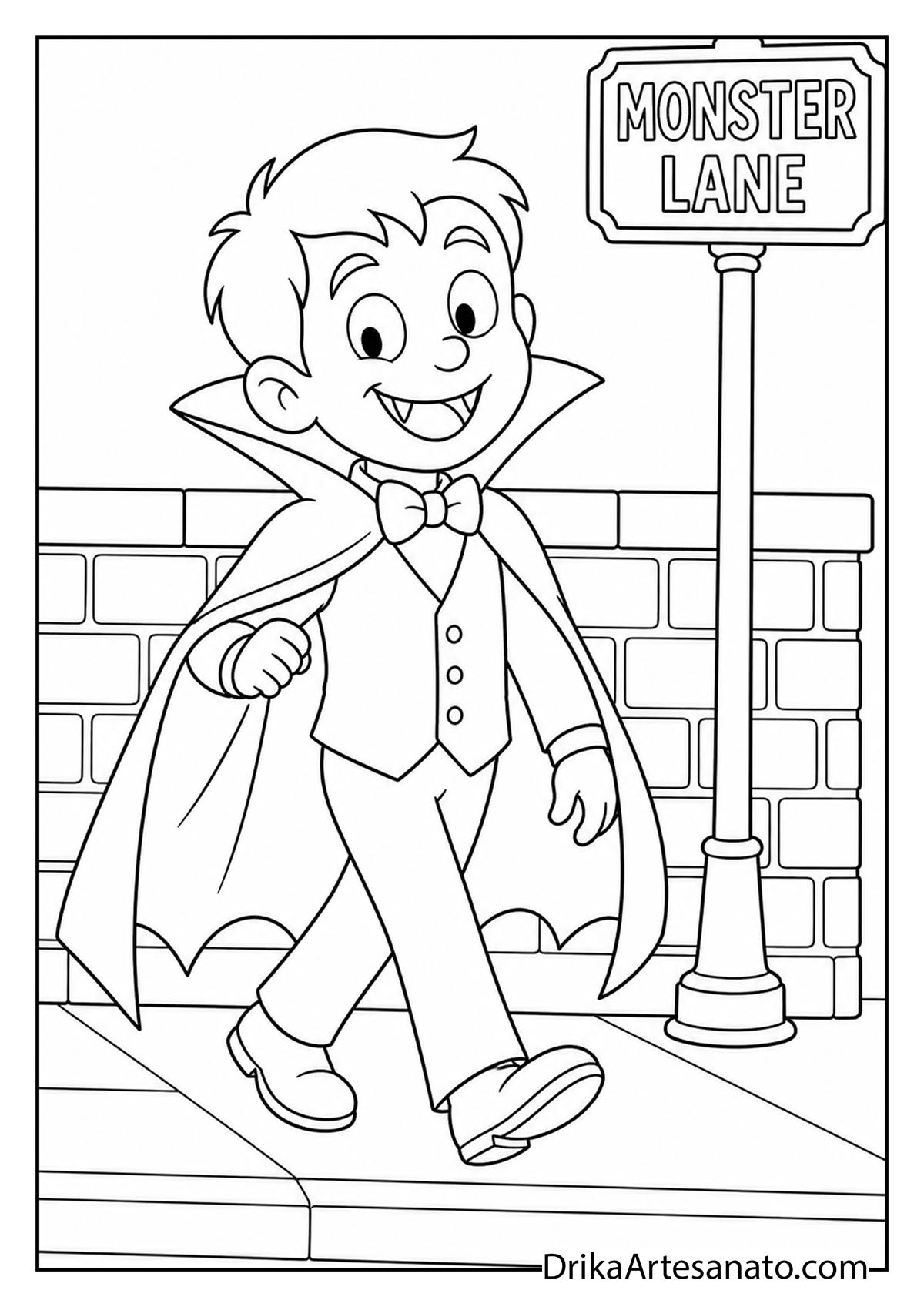 Boy dressed as vampire walking past Monster Lane street sign coloring sheet