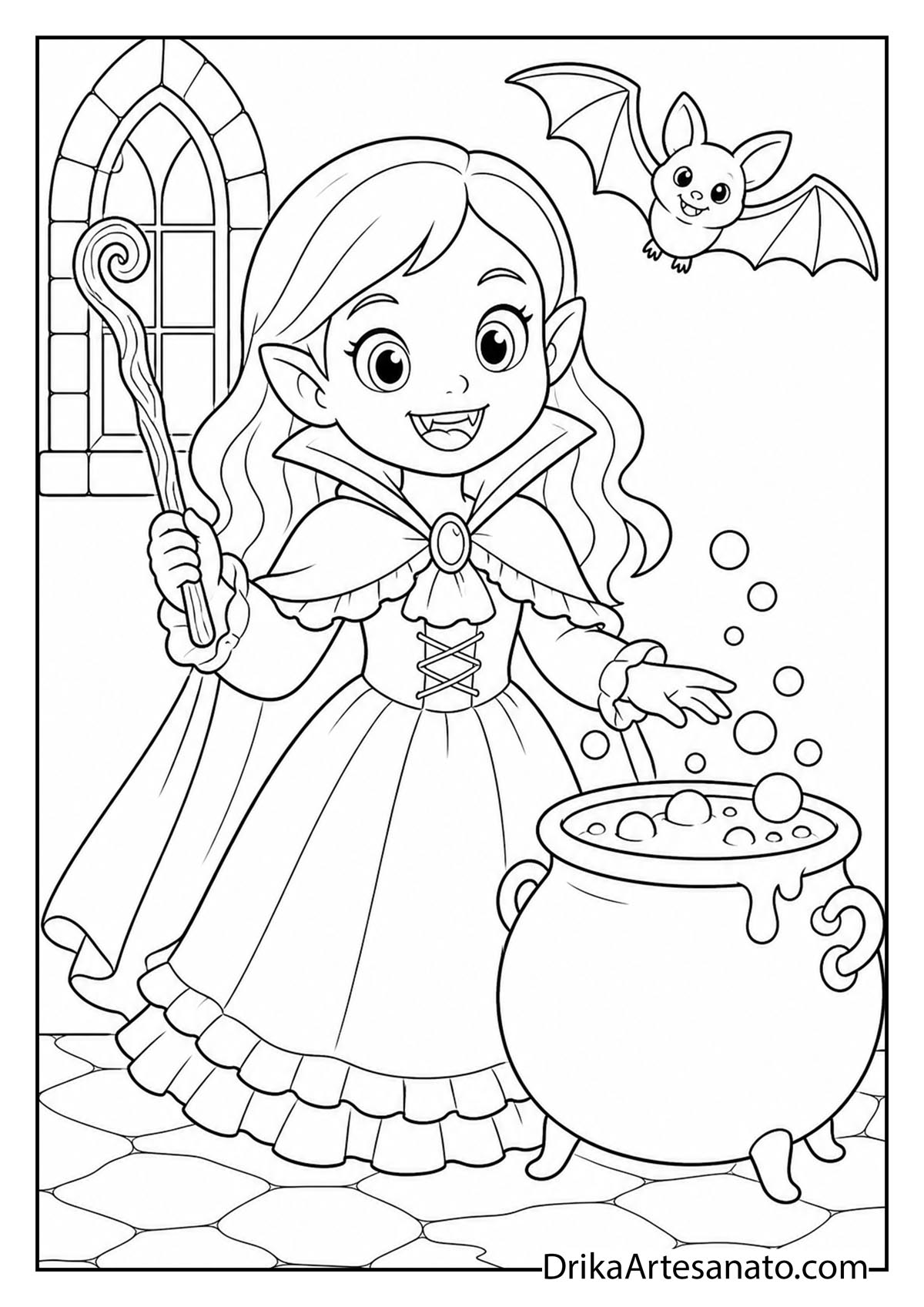 Cute cartoon vampire girl holding a magic wand over a bubbling cauldron with a bat coloring sheet