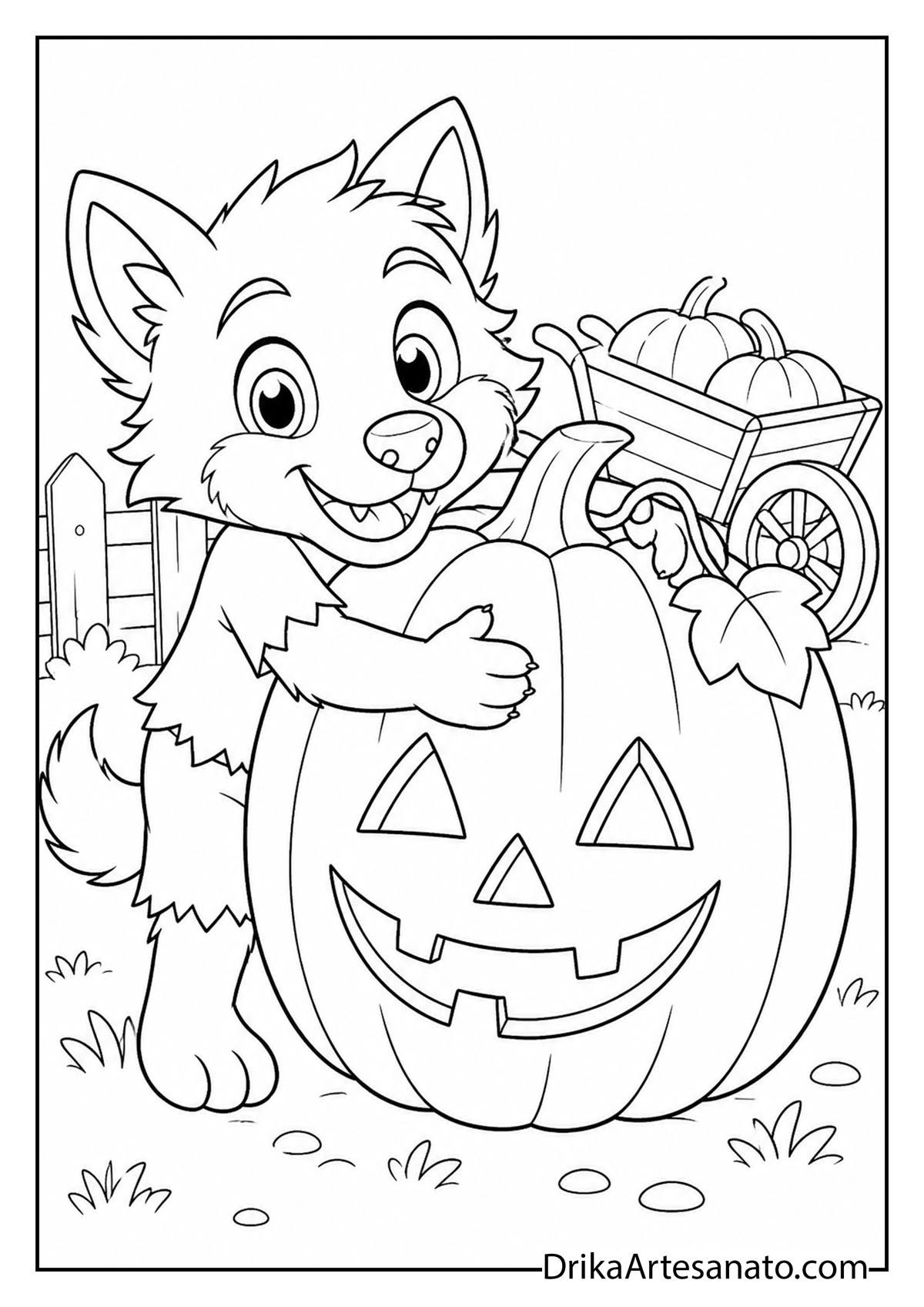 Cute werewolf pup hugging a giant carved pumpkin line art to color