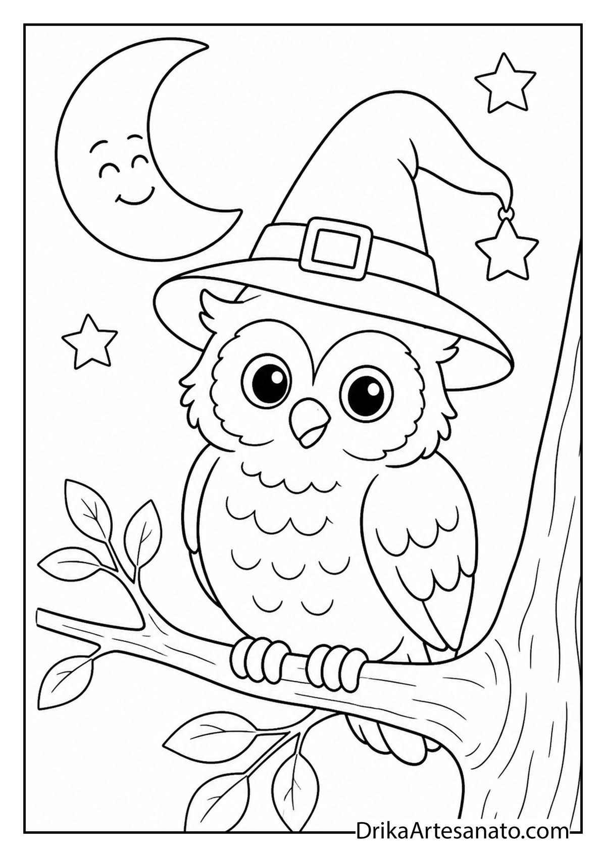 Cute owl wearing a witch hat perched on a tree branch at night coloring page