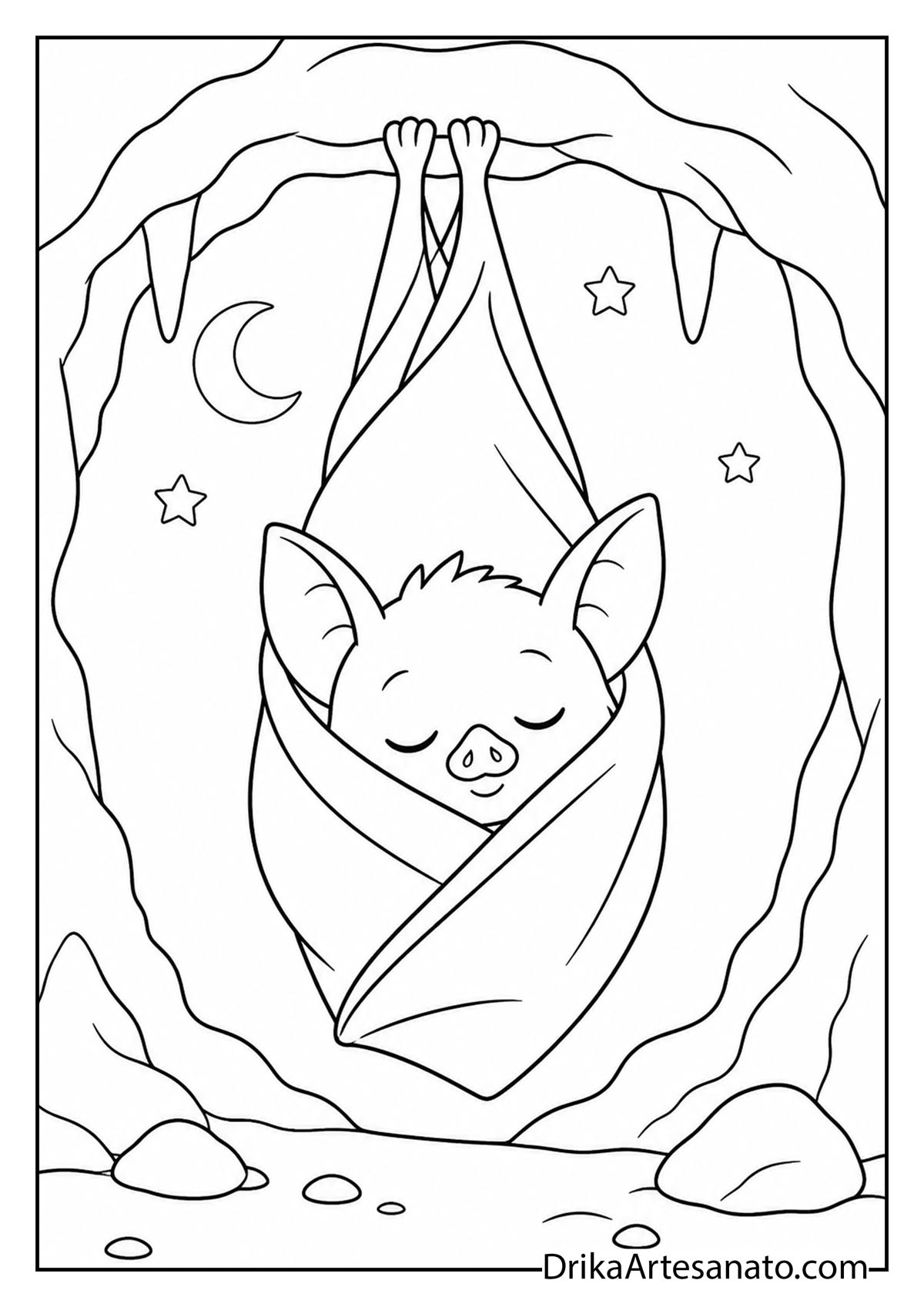 Baby bat sleeping wrapped in wings inside a cozy cave coloring page