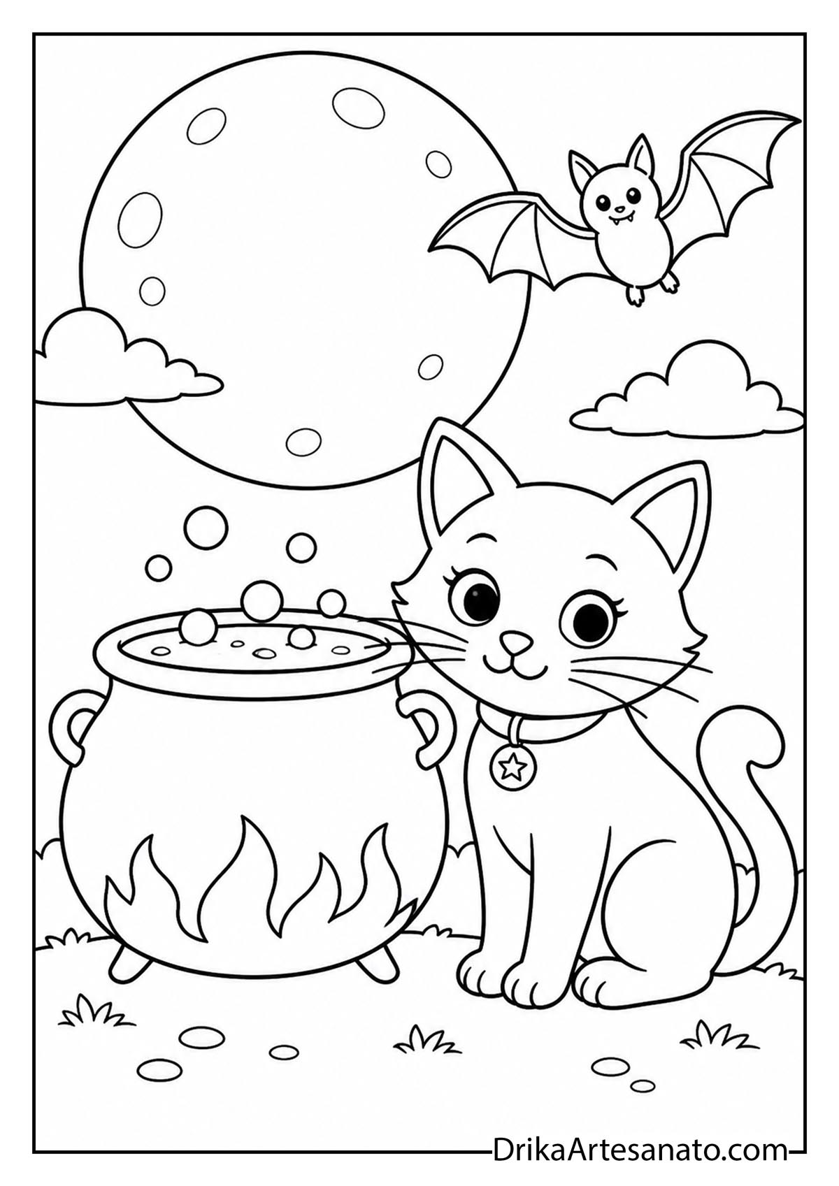 Cute cat sitting beside a bubbling magic cauldron with a flying bat line art coloring page