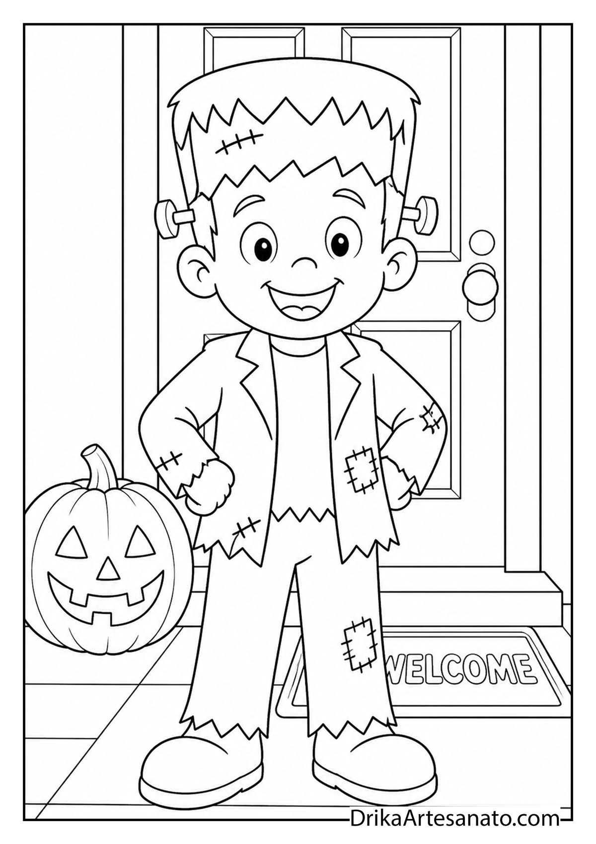 Cute boy in a Frankenstein costume standing on a front porch coloring page