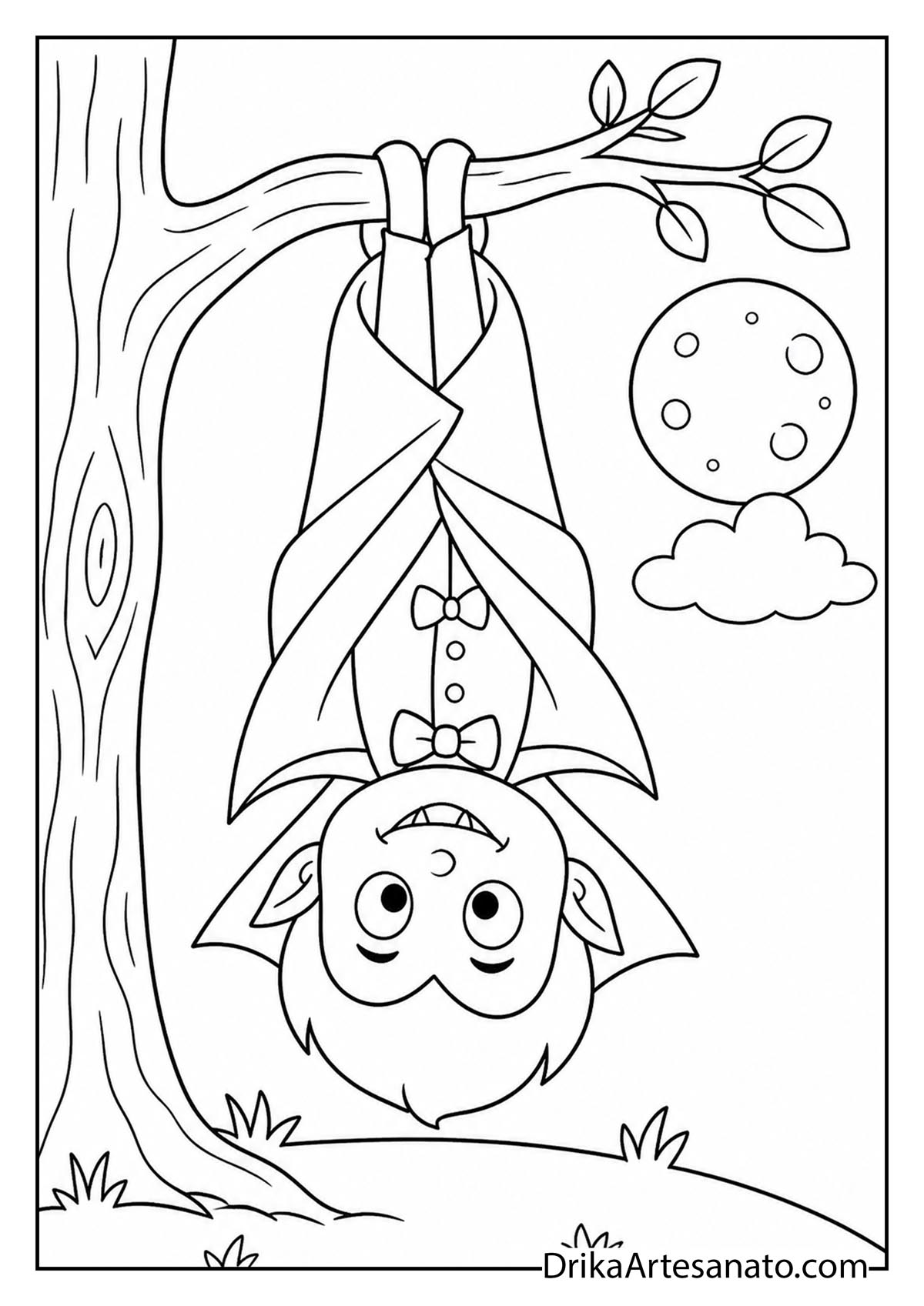 Cute cartoon vampire boy hanging upside down from a tree branch under the night sky coloring page
