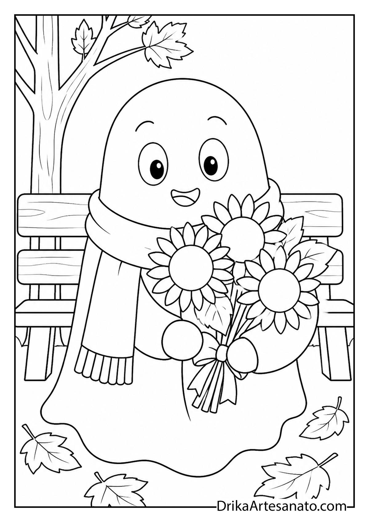 Cute ghost wearing a scarf holding a bouquet of sunflowers in autumn coloring page